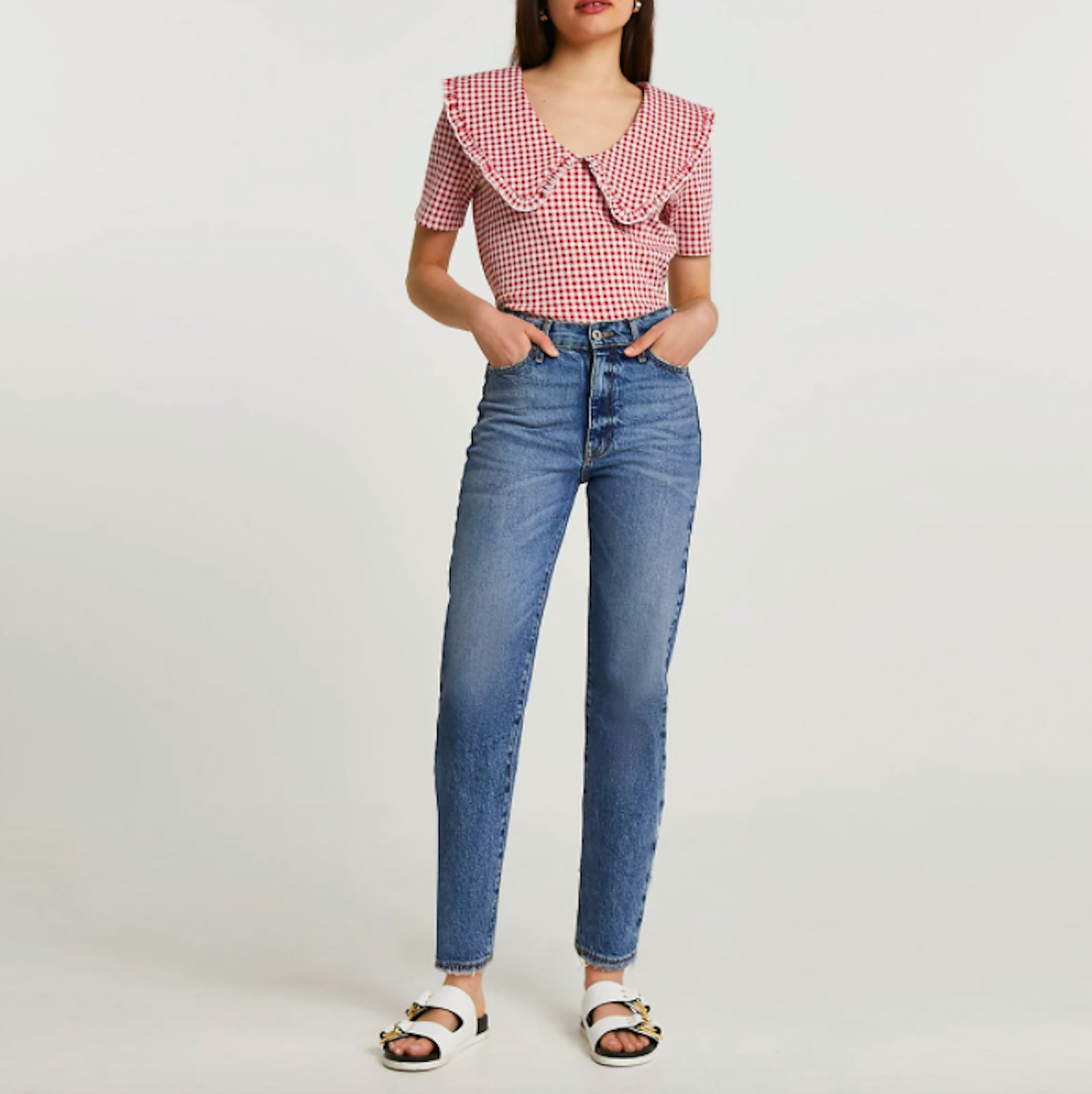 River Island, Gingham T-Shirt with Oversized Collar, £28