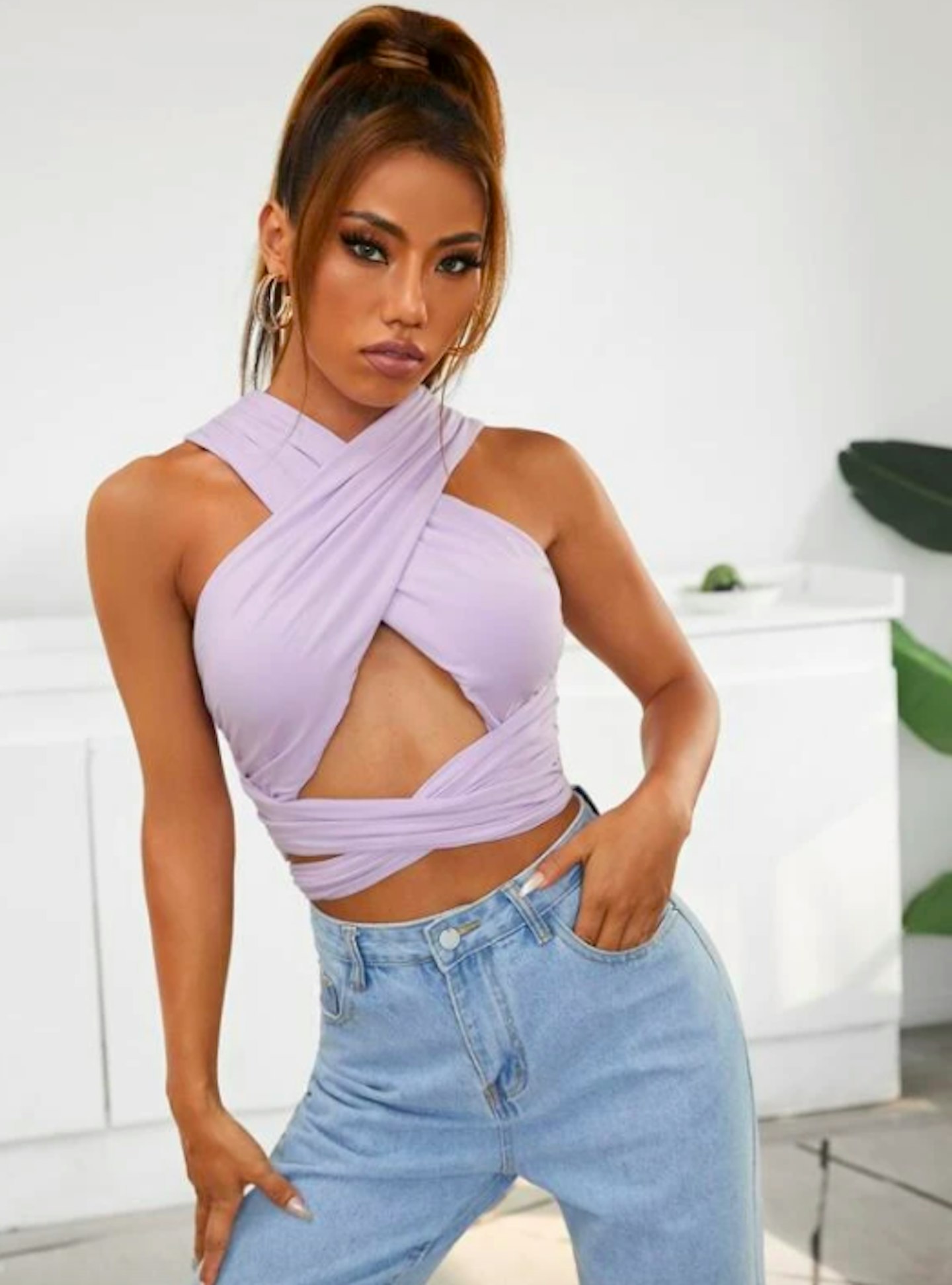 Cross Wrap Front Tie Back Halter Top