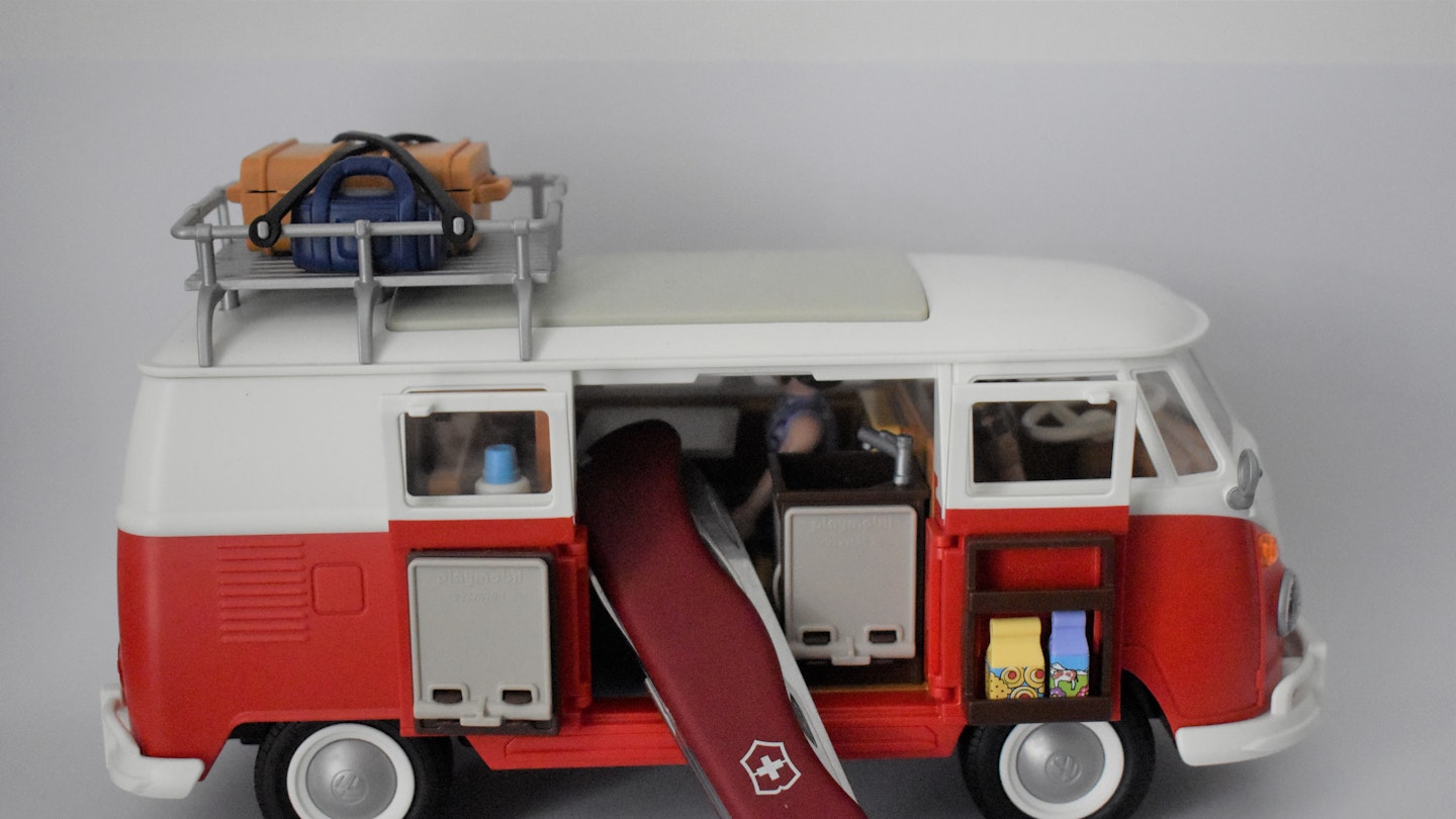 The Victorinox Adventurer pocket knife in a Playmobil VW T1 Camping Bus