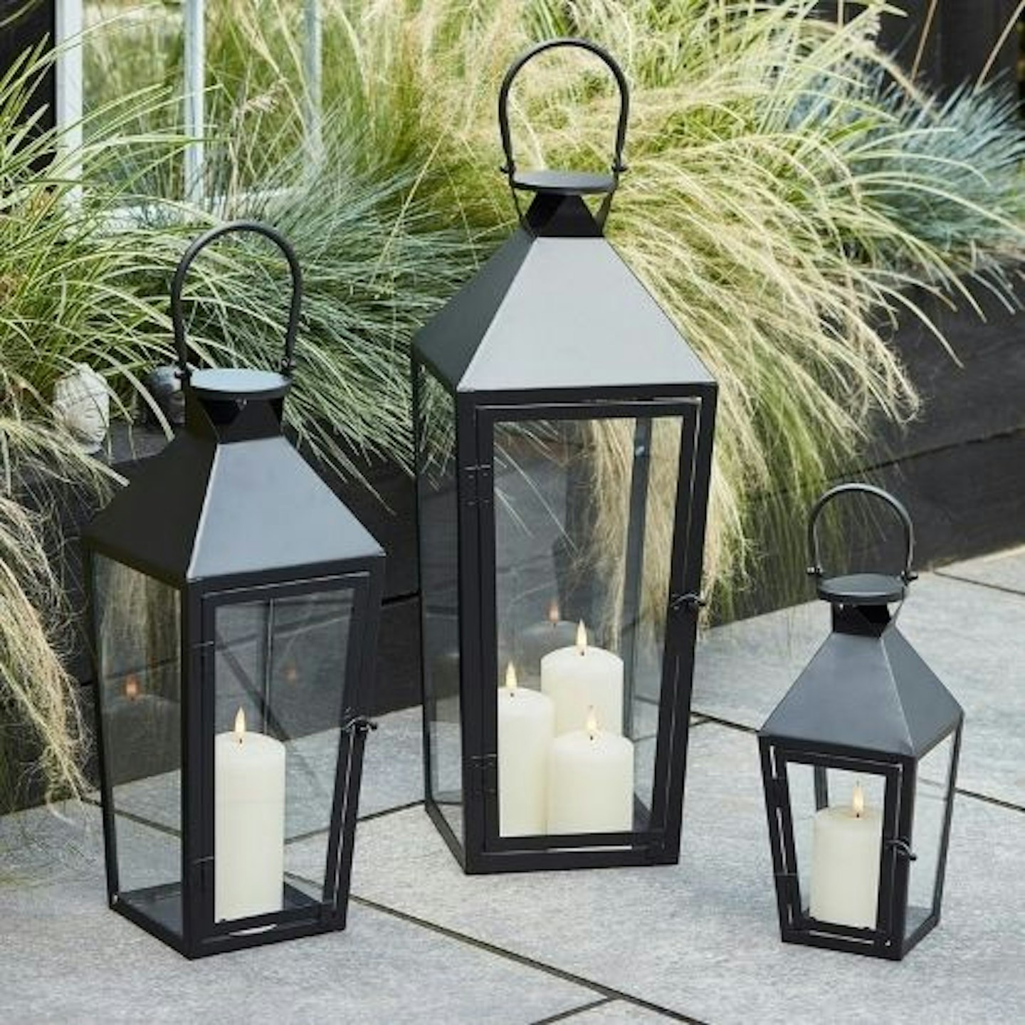Lights4fun, Inc. Trio of Black Metal Moroccan Indoor Battery Operated LED  Flameless Candle Lanterns with Colored Glass