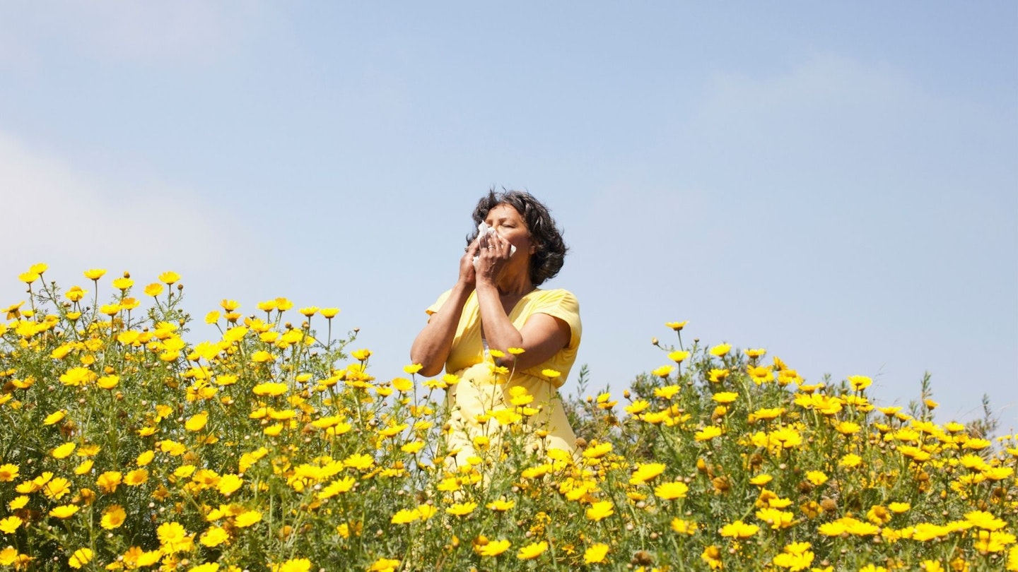 woman blowing nose in a field of flowers