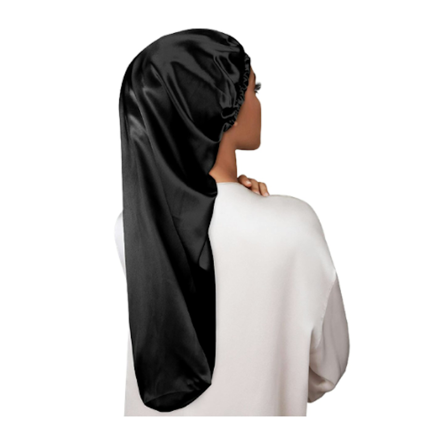 Black satin bonnet on white background