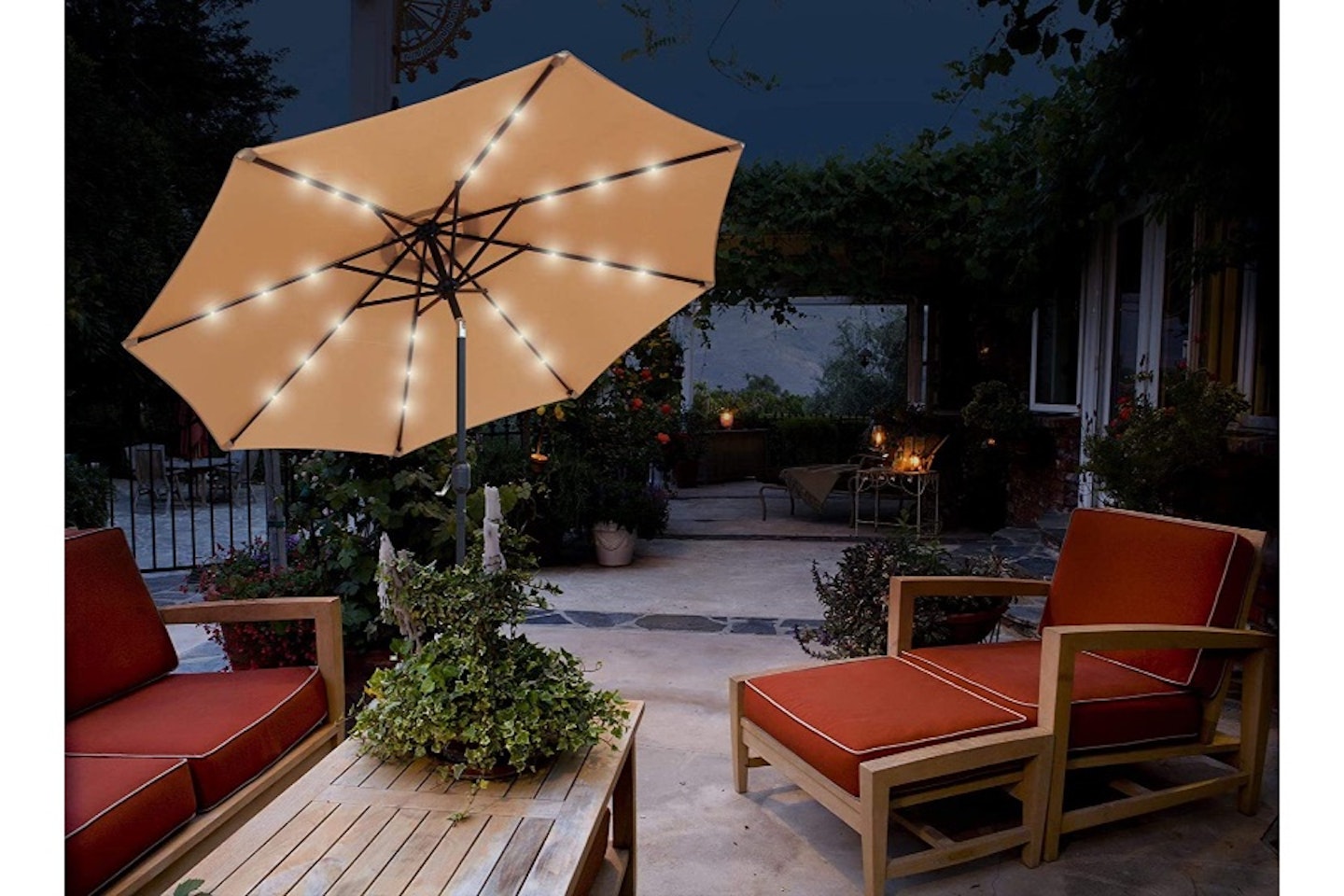 Tilting Table Umbrella with Crank Handle, Protection UV 40+ Solar LED Lights