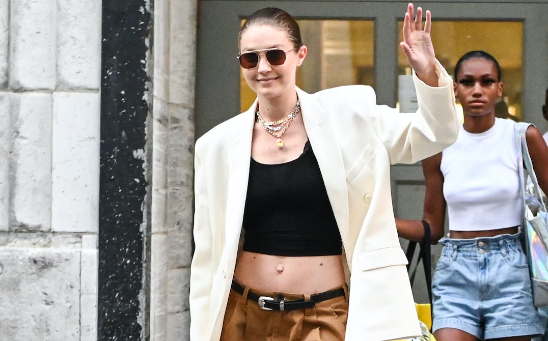 I am obsessed with Gigi Hadid's roomy pants as she attends a Ralph Lauren  promotional event in New York