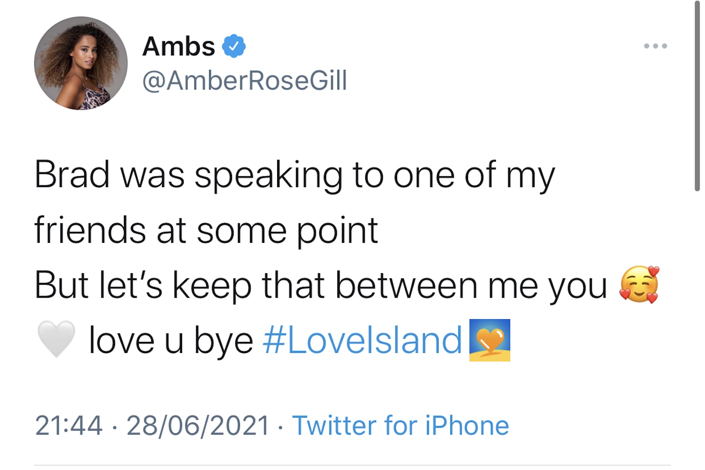 Amber Gill Love Island Brad McLelland tweet