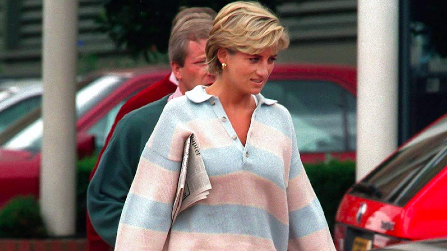 Princess Diana wearing a striped jumper 
