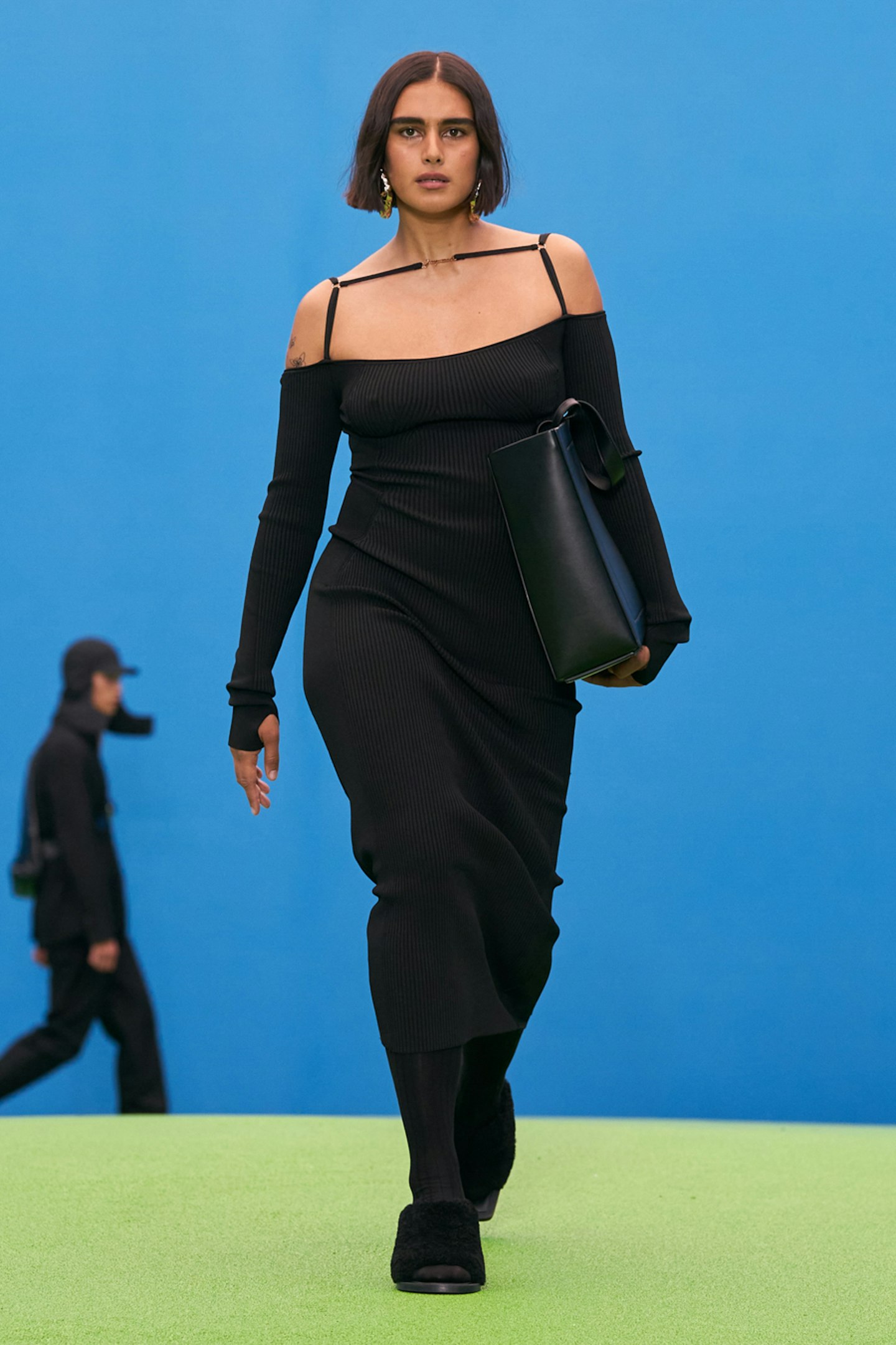 Jill Kortleve wearing a ribbed black dress at Jacquemus