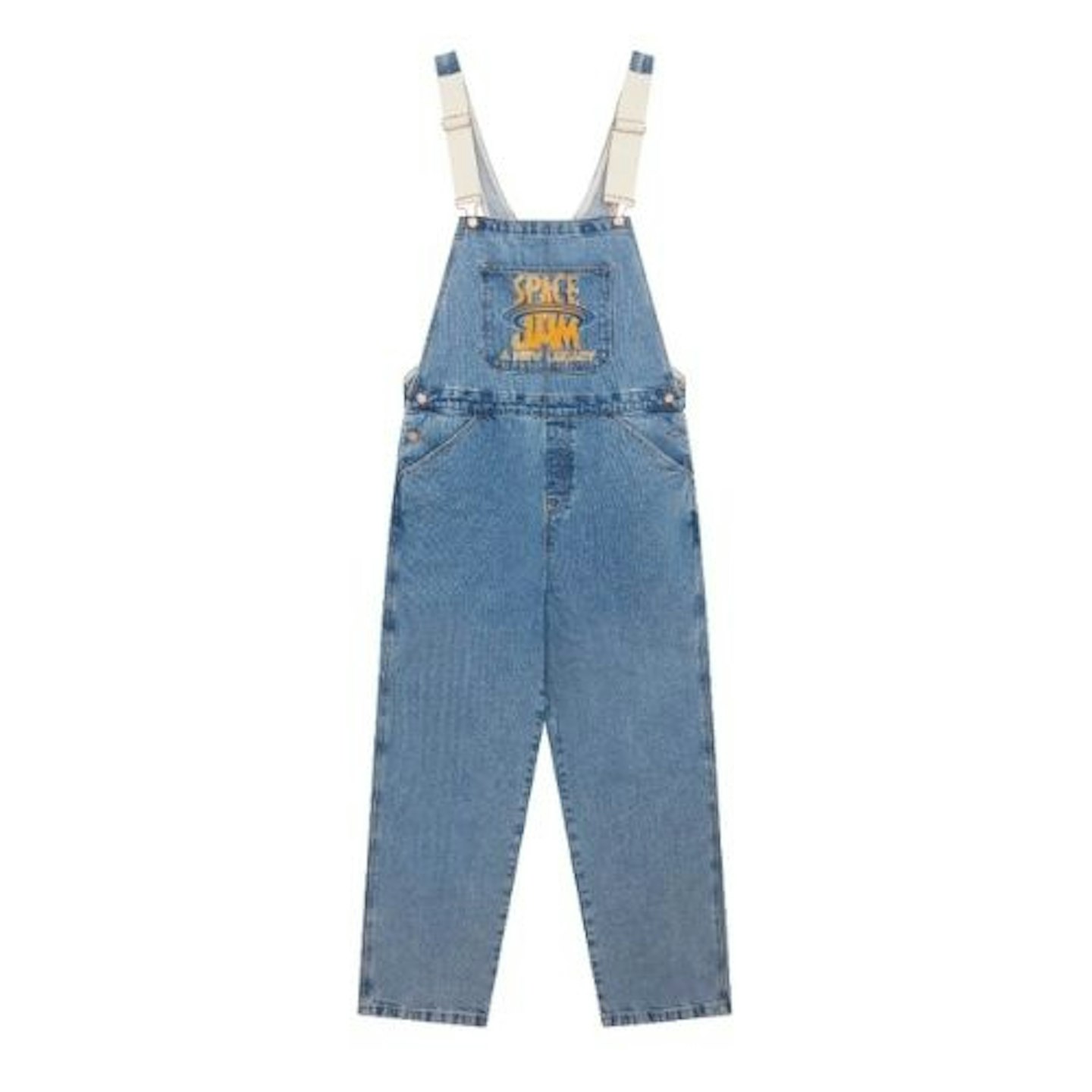 ASOS DESIGN Space Jam 2 baggy denim dungarees in mid wash blue