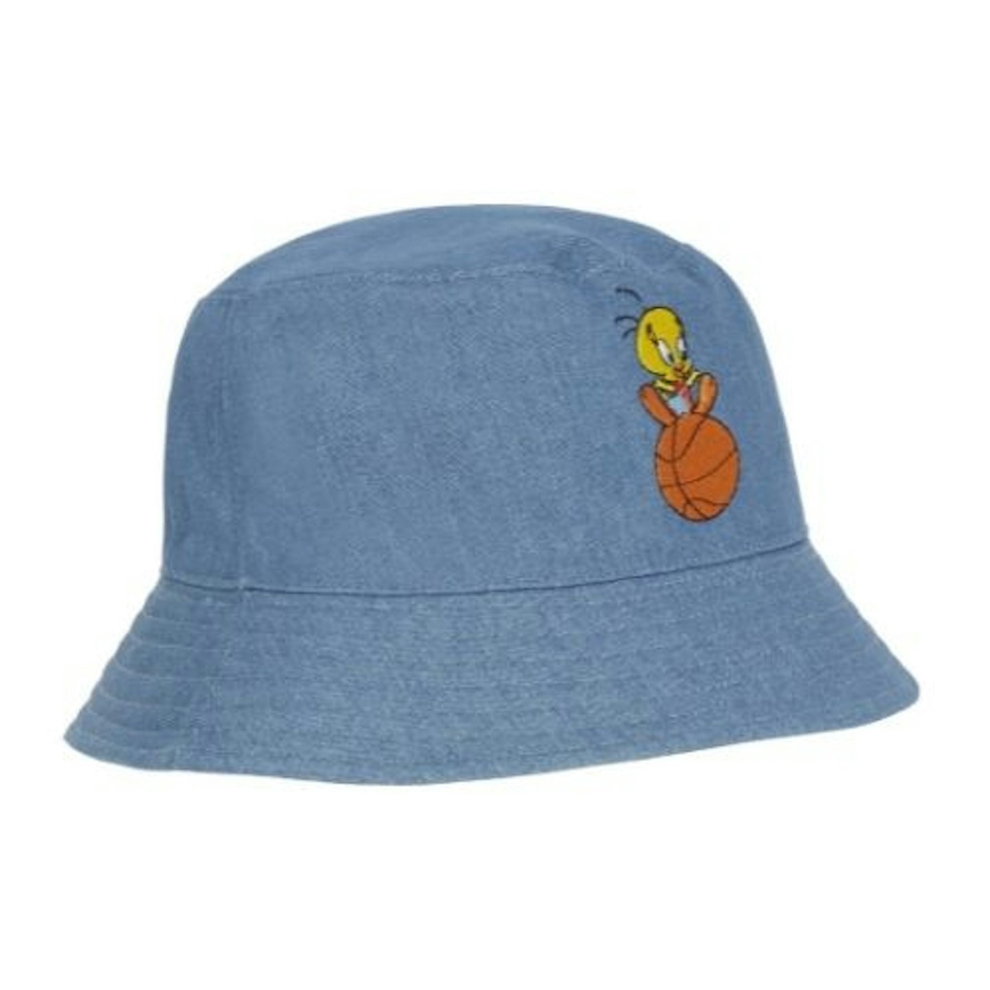 ASOS DESIGN Space Jam 2 reversible bucket hat in denim and stone with tweety pie embroidery