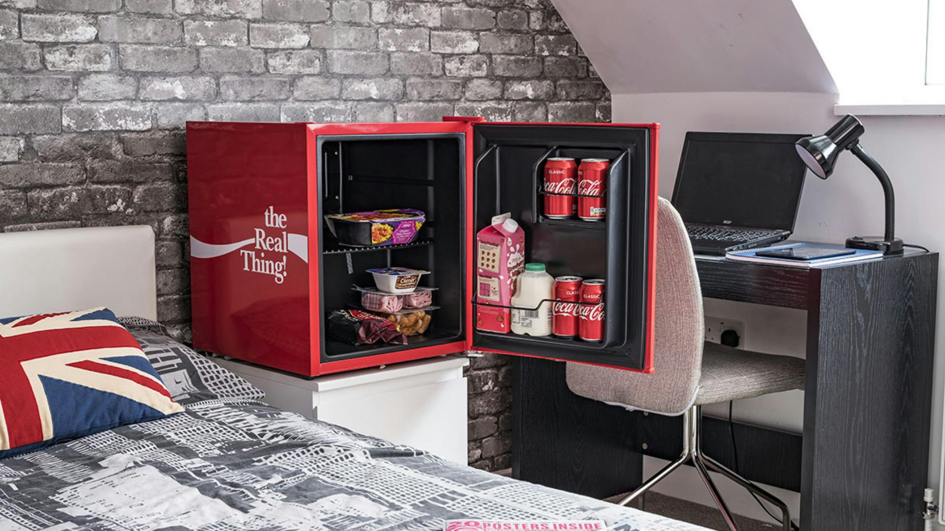 bed with mini fridge