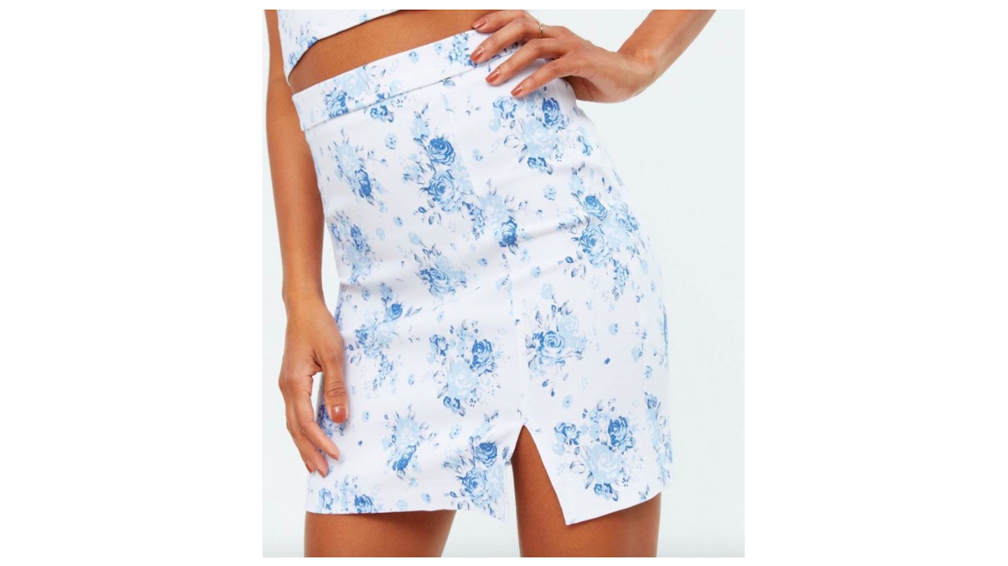 White floral split mini skirt