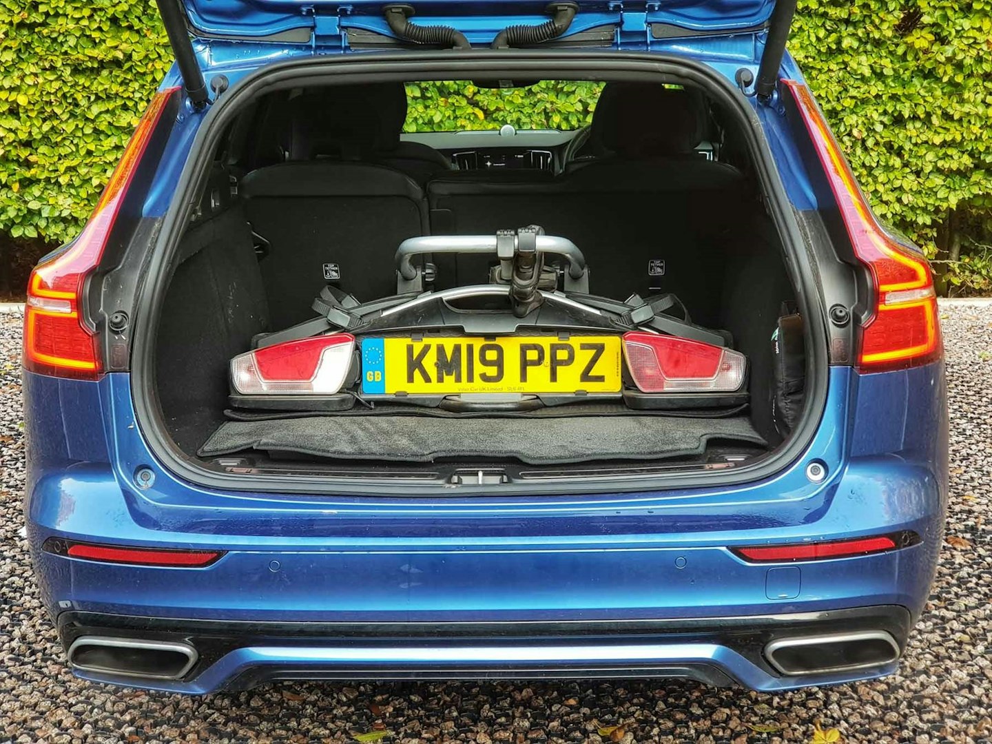 Thule bike rack in the boot of a Volvo V60