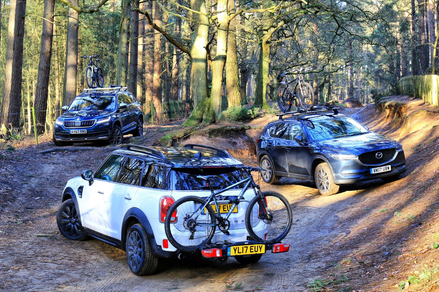 Skoda, Mazda, and Mini with bike racks fitted