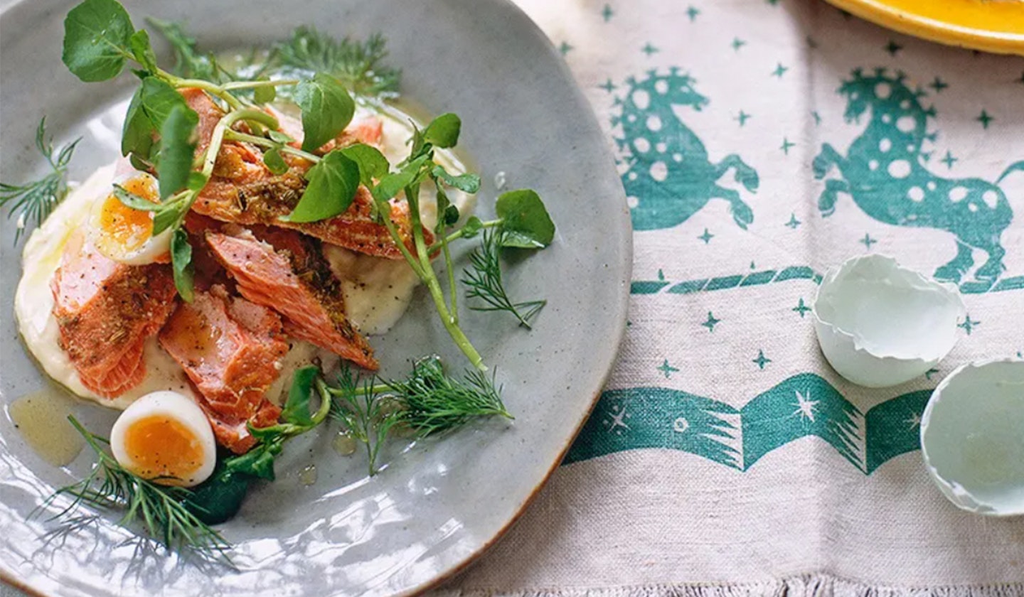 Fennel-roasted salmon with soft-boiled eggs