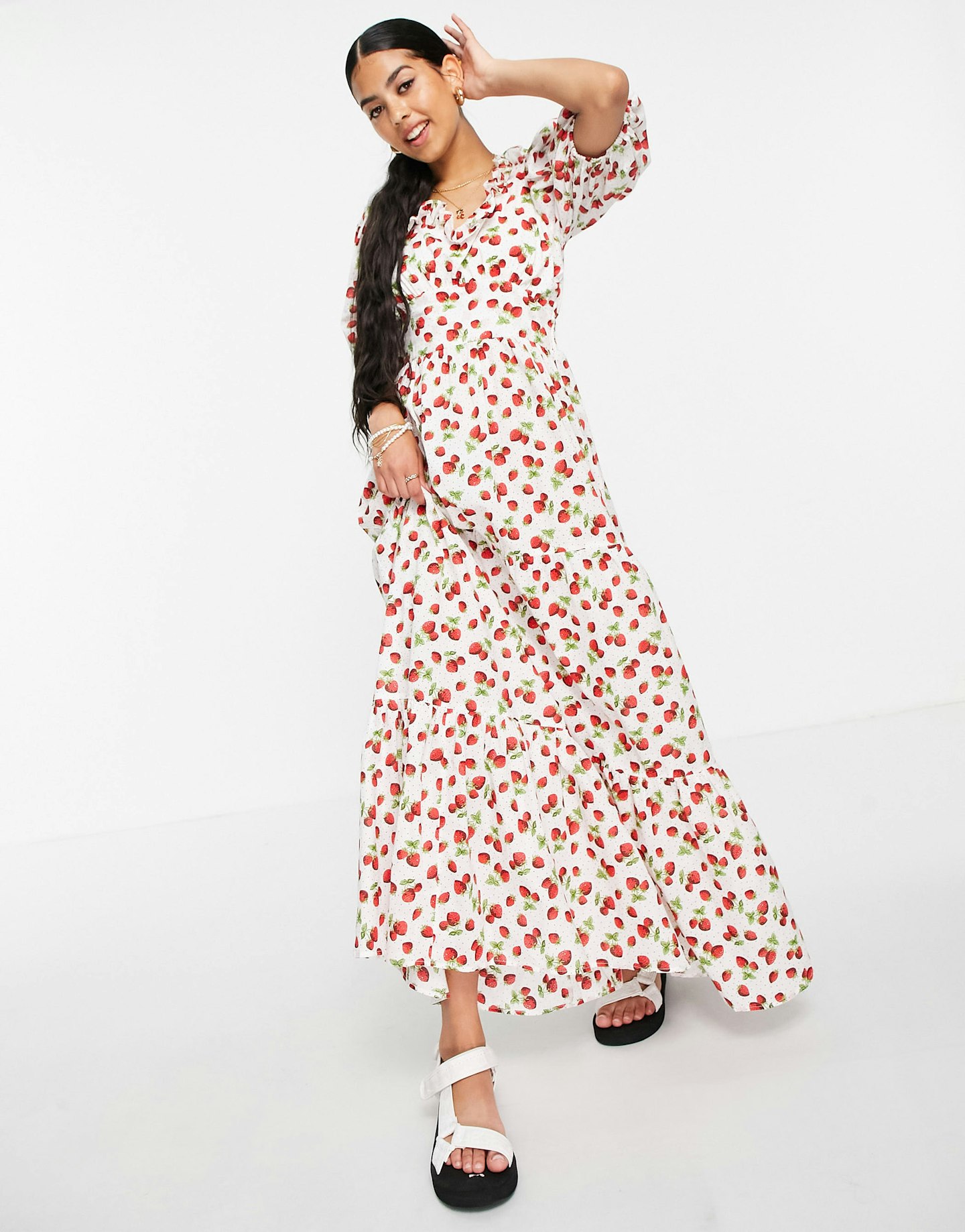 asos ASOS DESIGN puff sleeve tiered maxi dress in strawberry print