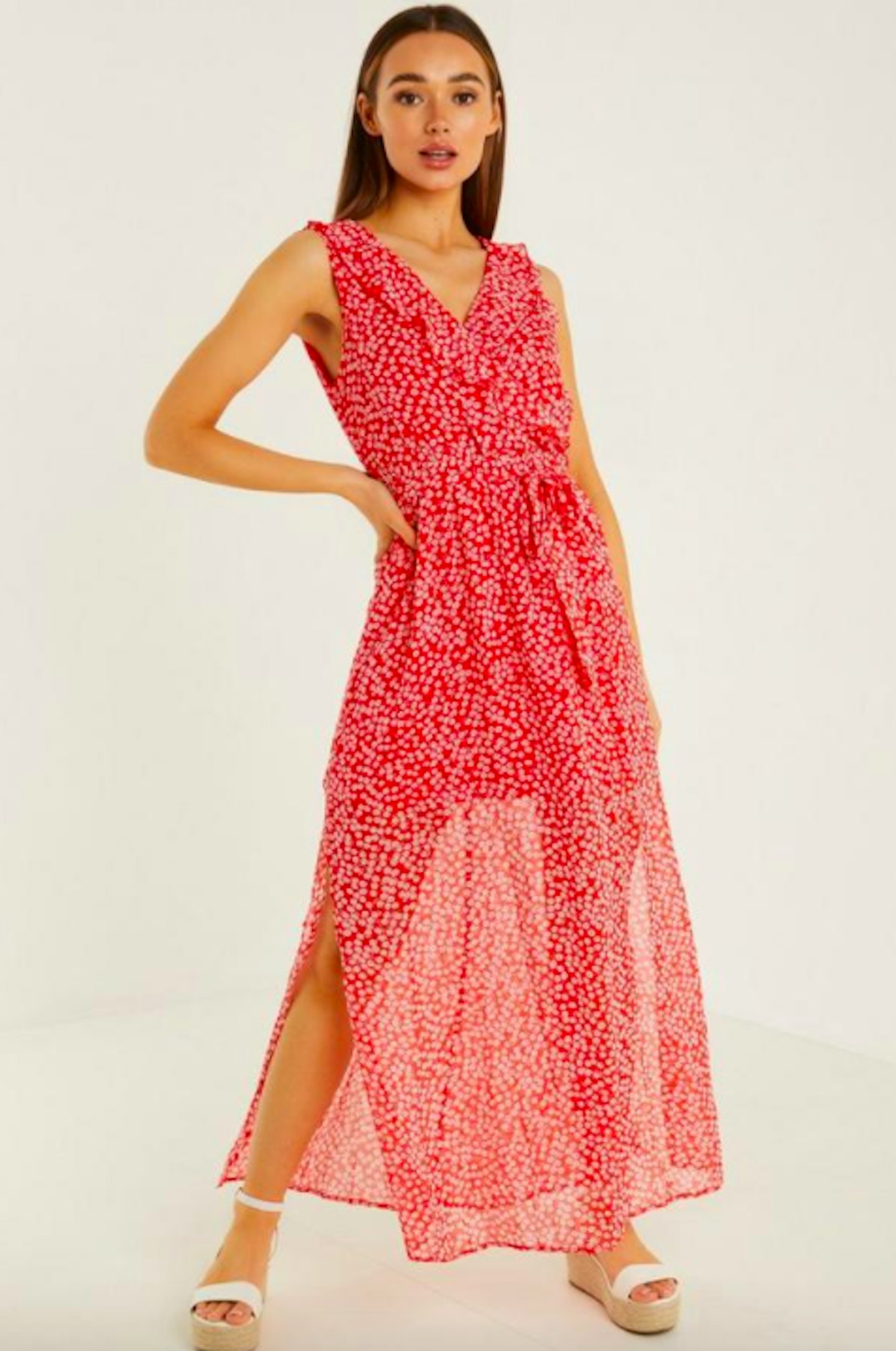 Red & White Floral Wrap Maxi Dress