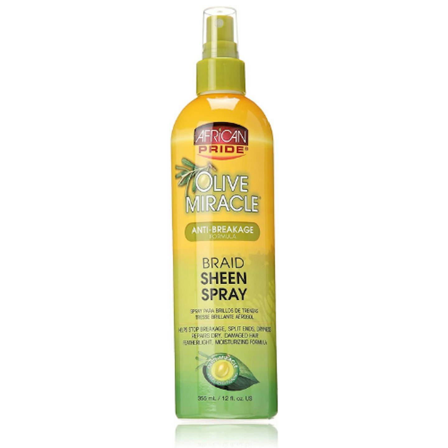 African Pride Olive Miracle Anti-Breakage Braid Sheen Spray on white background