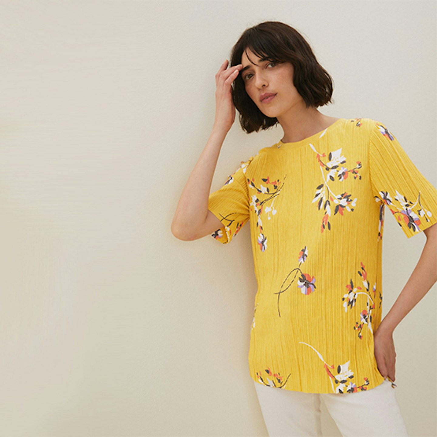 Jersey Floral Plisse Short Sleeve Top
