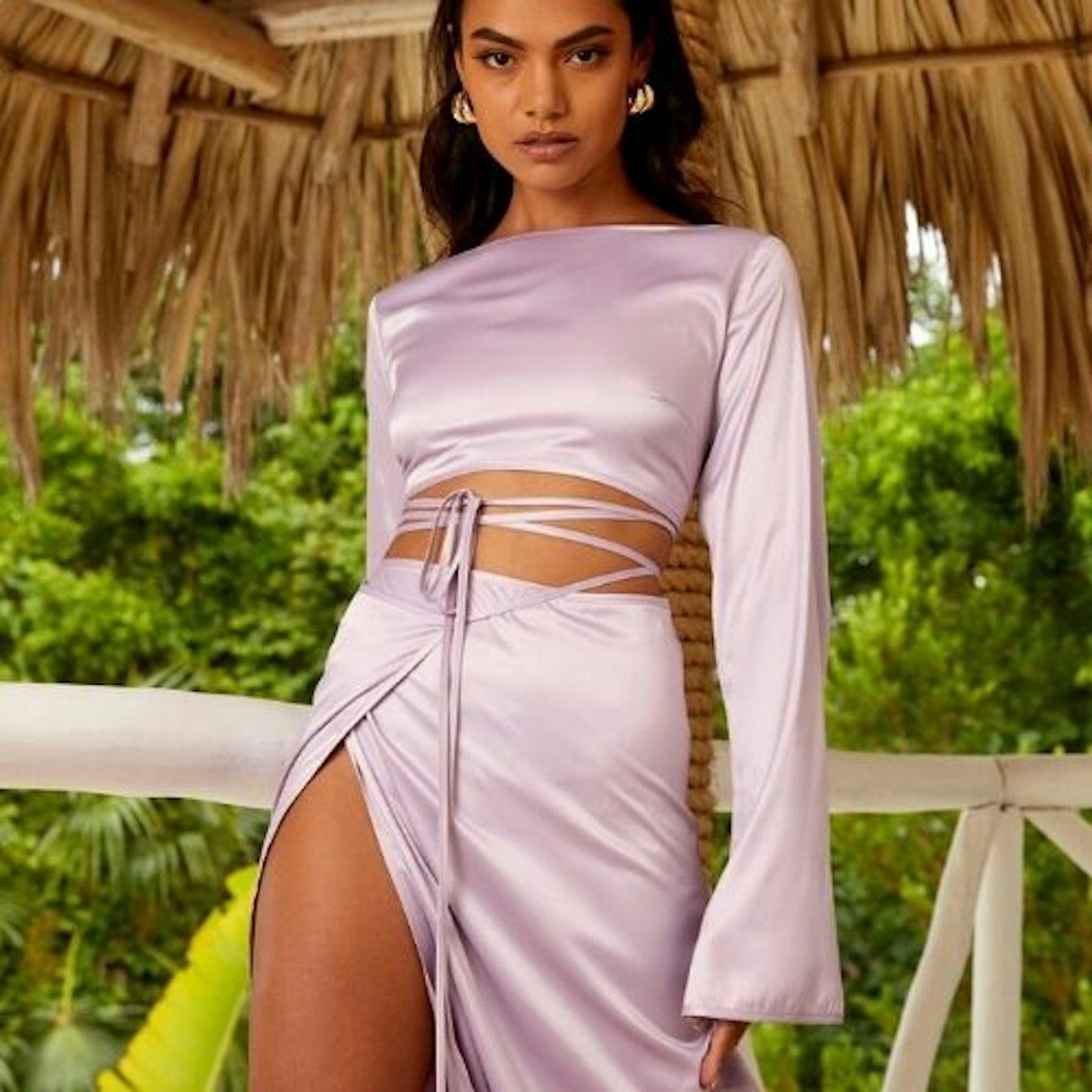 Flared Sleeve Satin Crop Top In Lilac