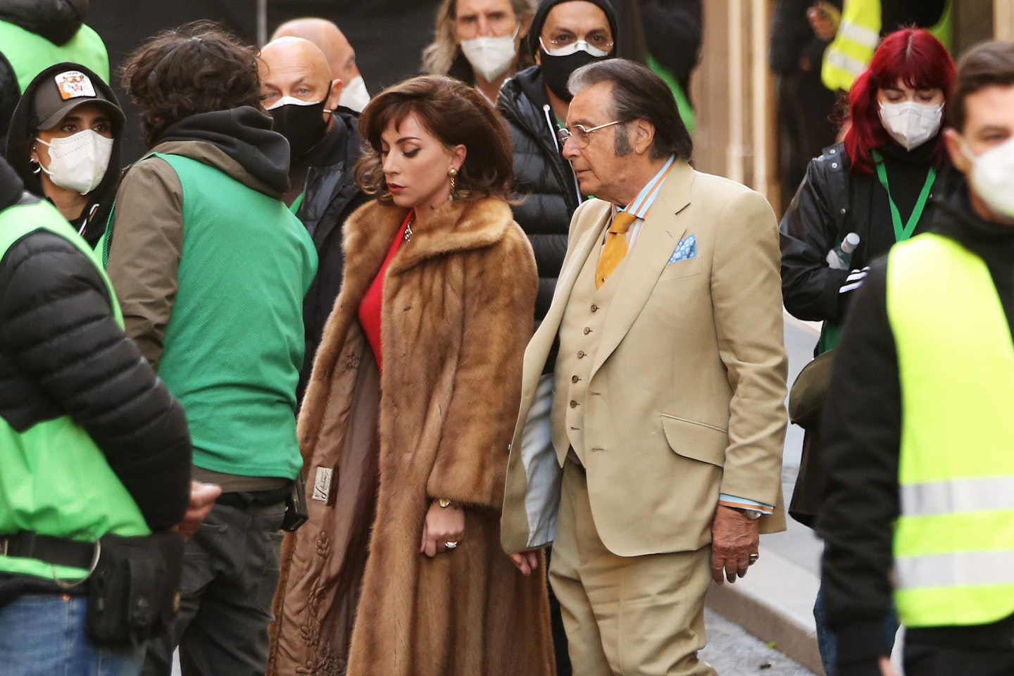 Lady Gaga and Al Pacino on set of house of gucci