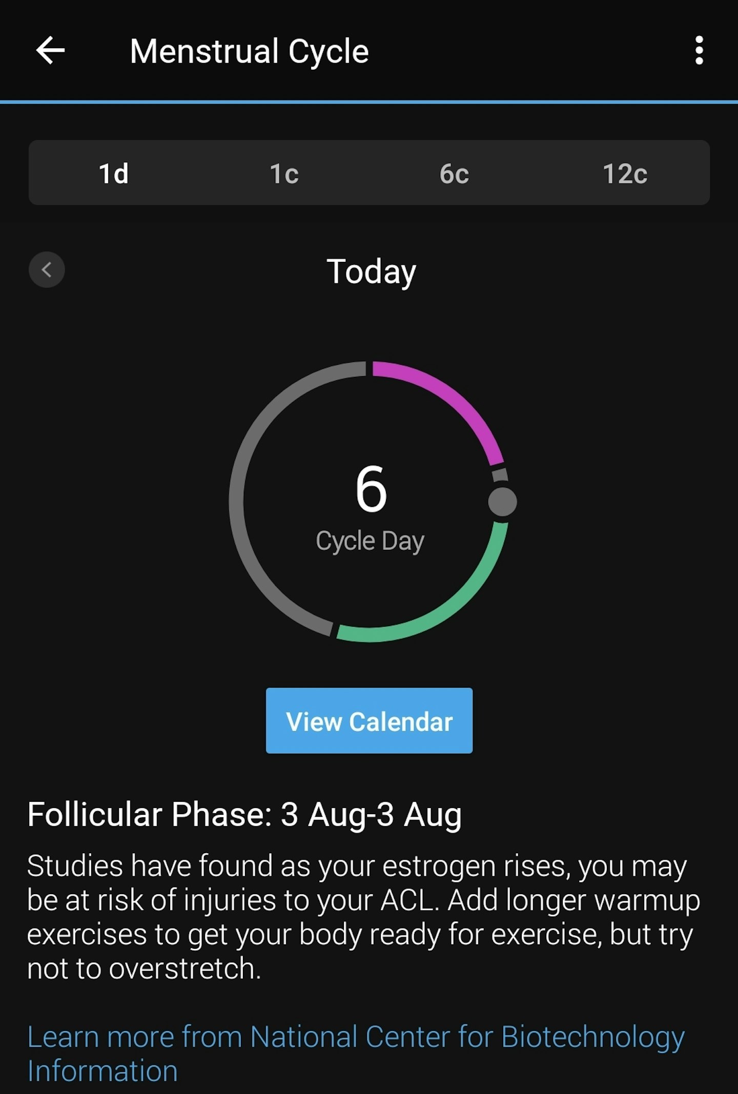 Screenshot of Garmin Connect App Menstrual Cycle Tracking