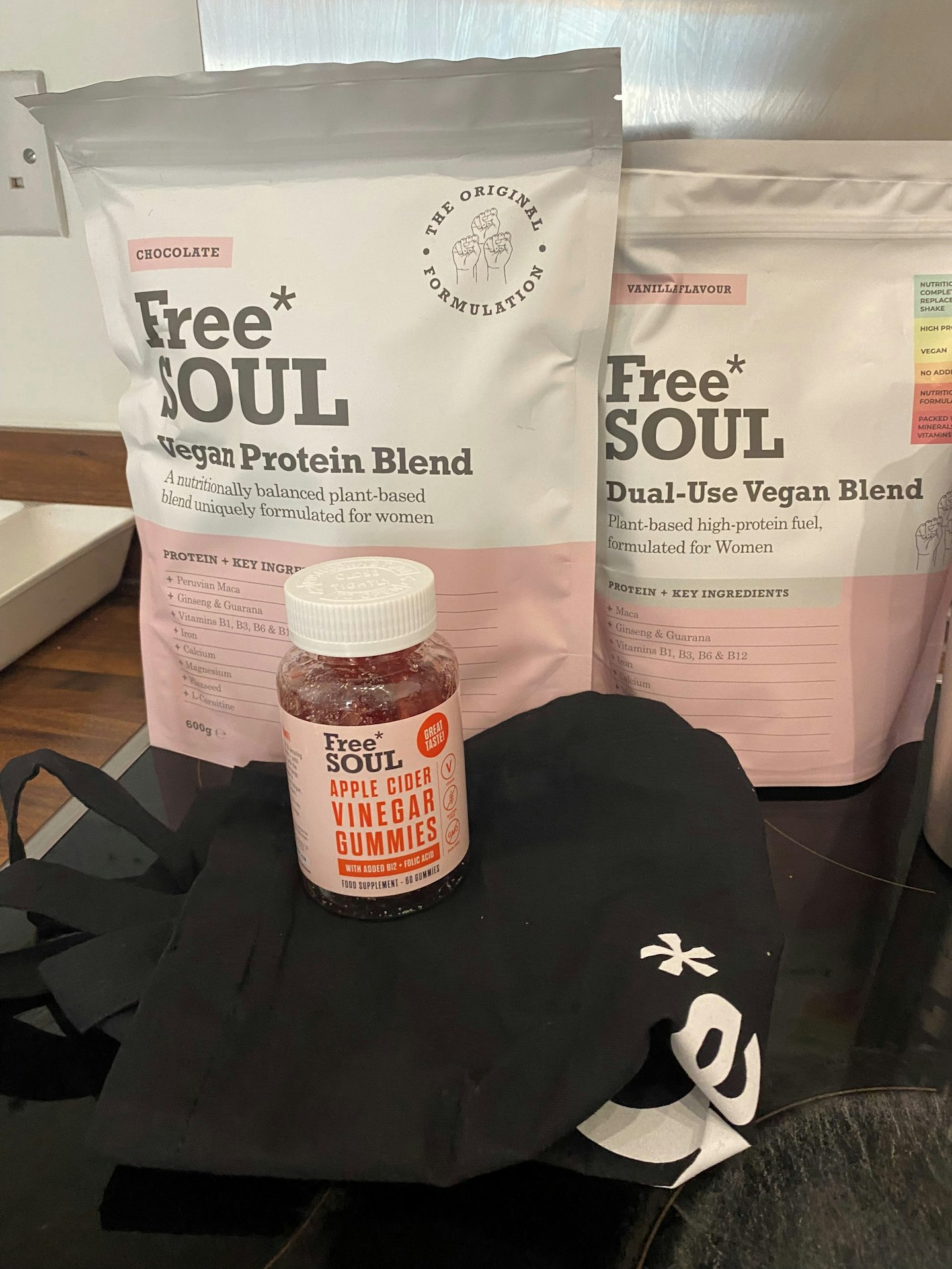 An image of Free Soul's vegan protein blend, dual-use vegan blend and apple cider vinegar gummy bears