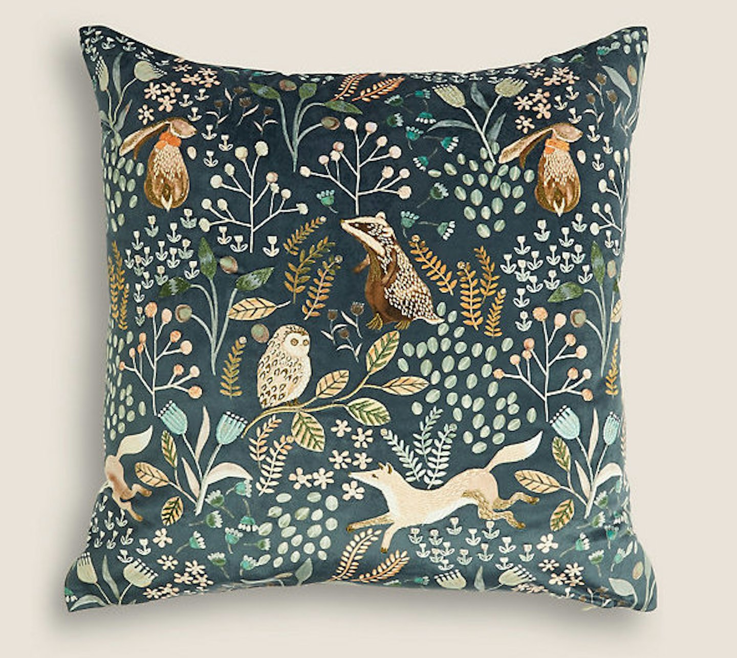 Woodland Print Embroidered Cushion