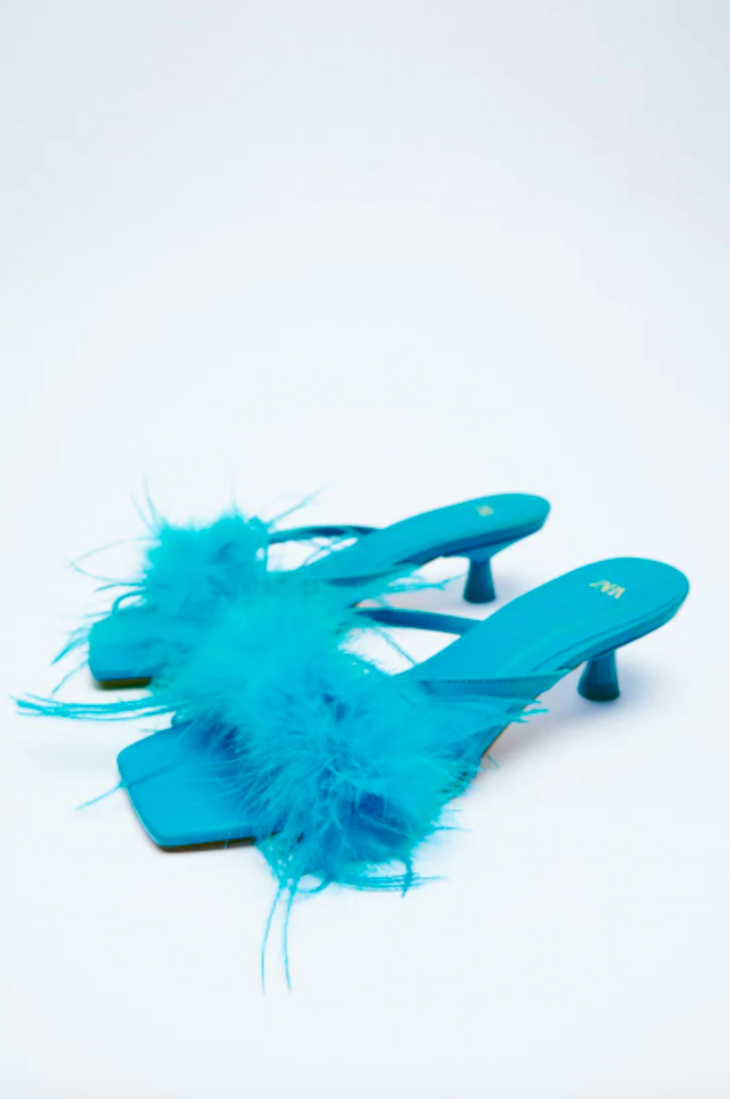 Zara, Blue Kitten Heel Mules with Feathers, £89.99