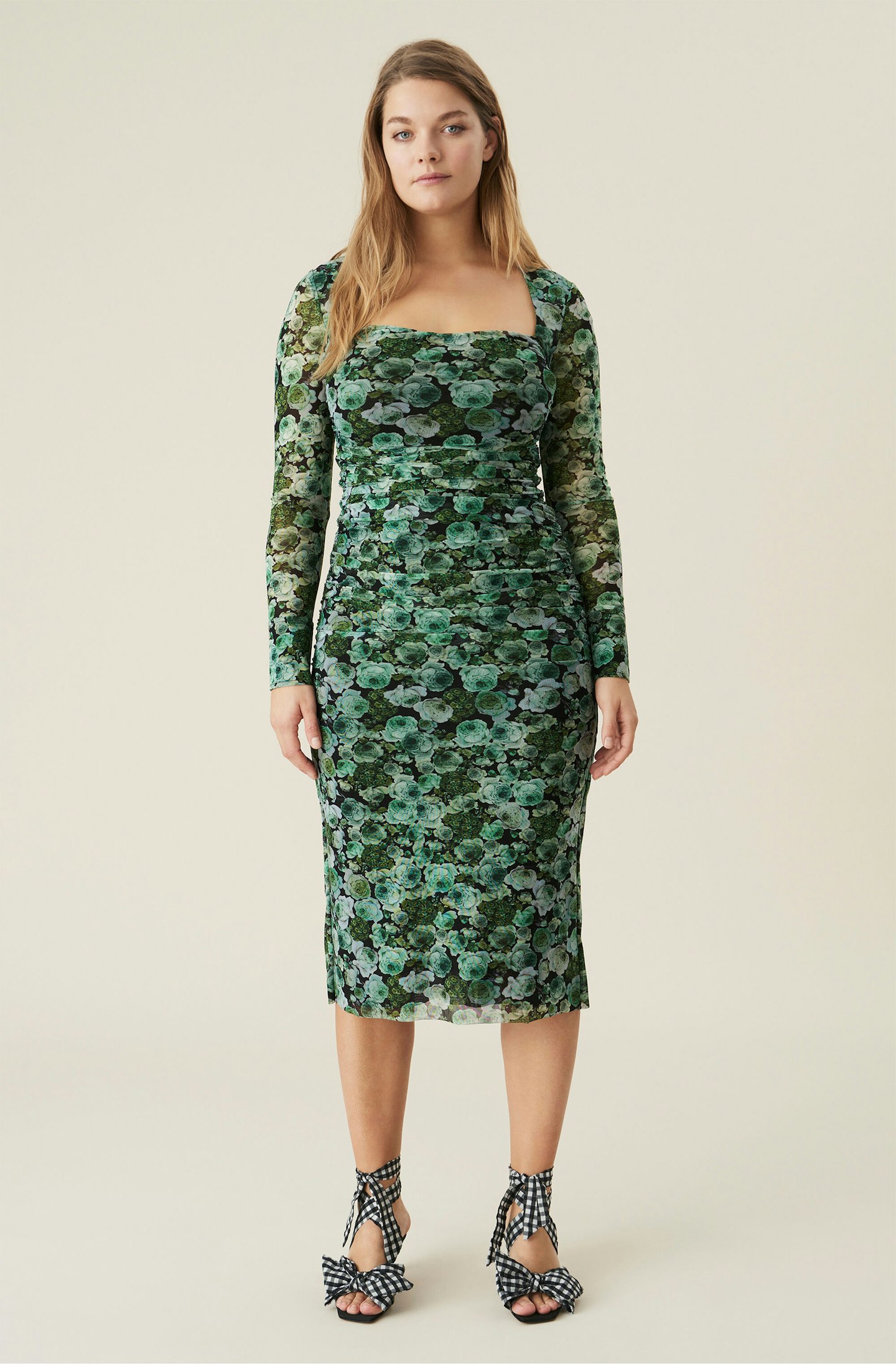 Ganni, Green Floral Mesh Ruched Midi Dress, £245