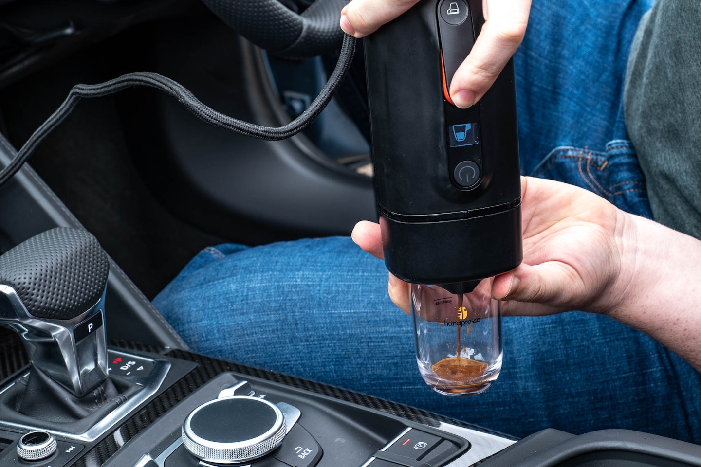 Handpresso Auto Capsule Portable Coffee Maker tested in an Audi R8