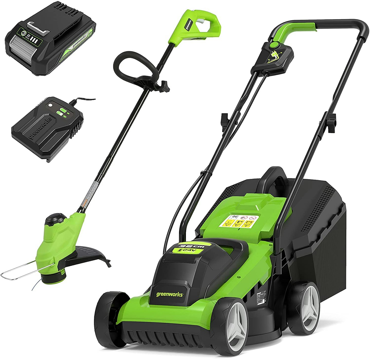 Greenworks battery-powered lawnmower and trimmer