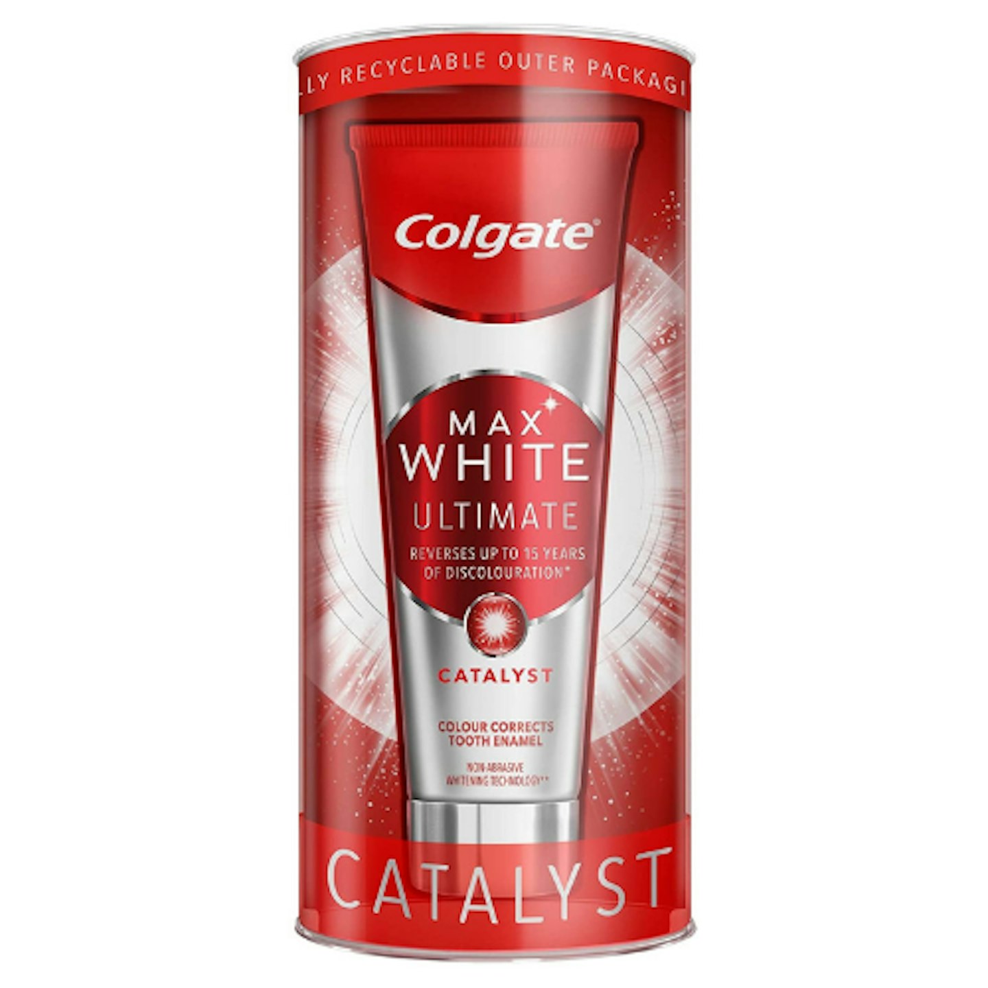 Colgate max white toothpaste on white background