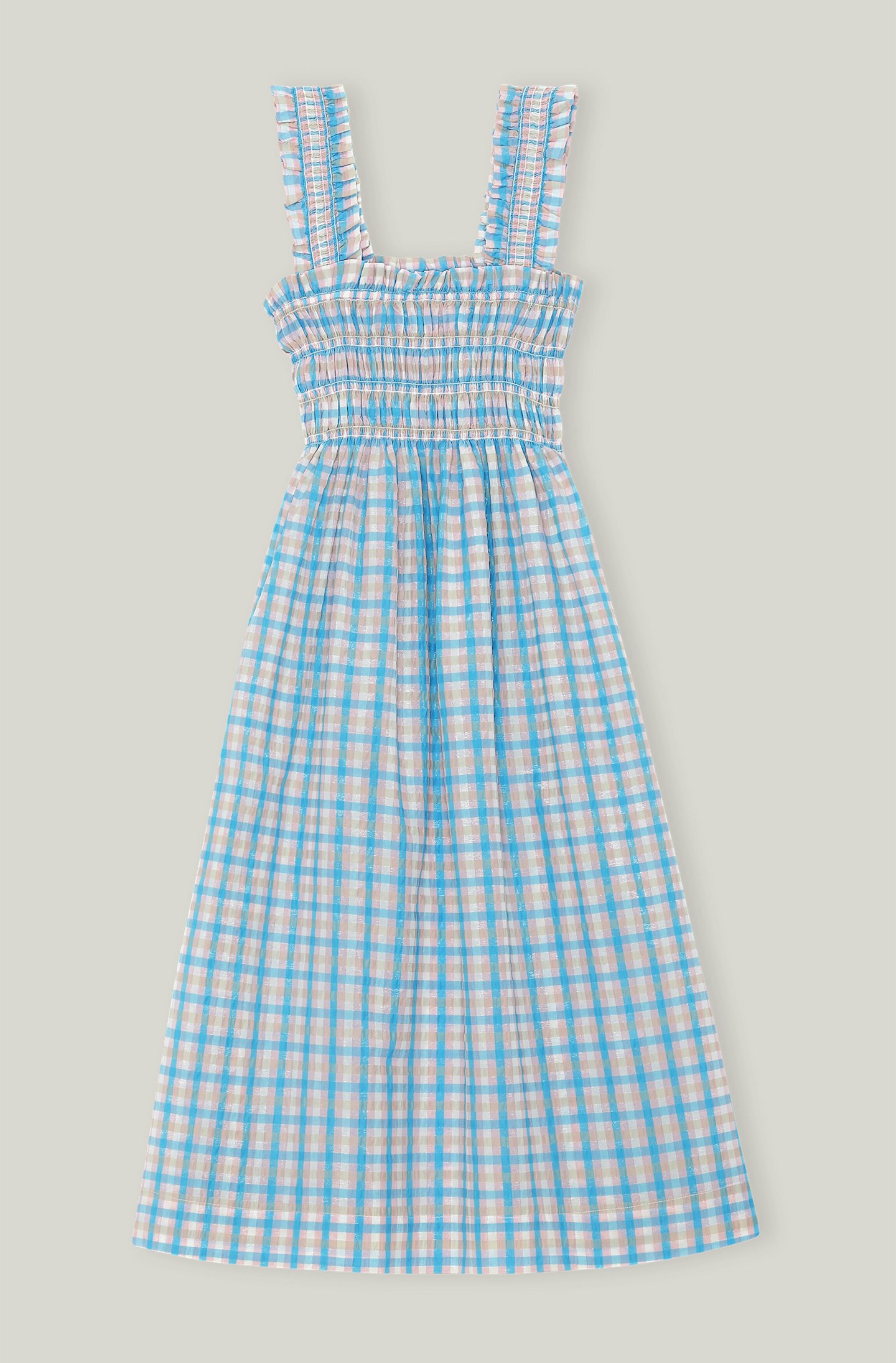 Ganni, Seersucker Check Strap Midi Dress, £215