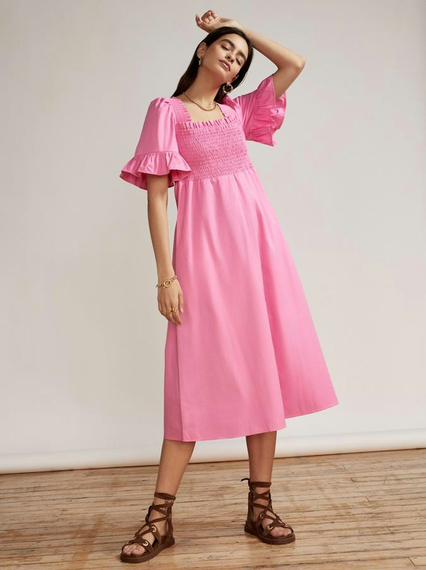 Kitri, Arabella Pink Cotton Shirred Dress, £145