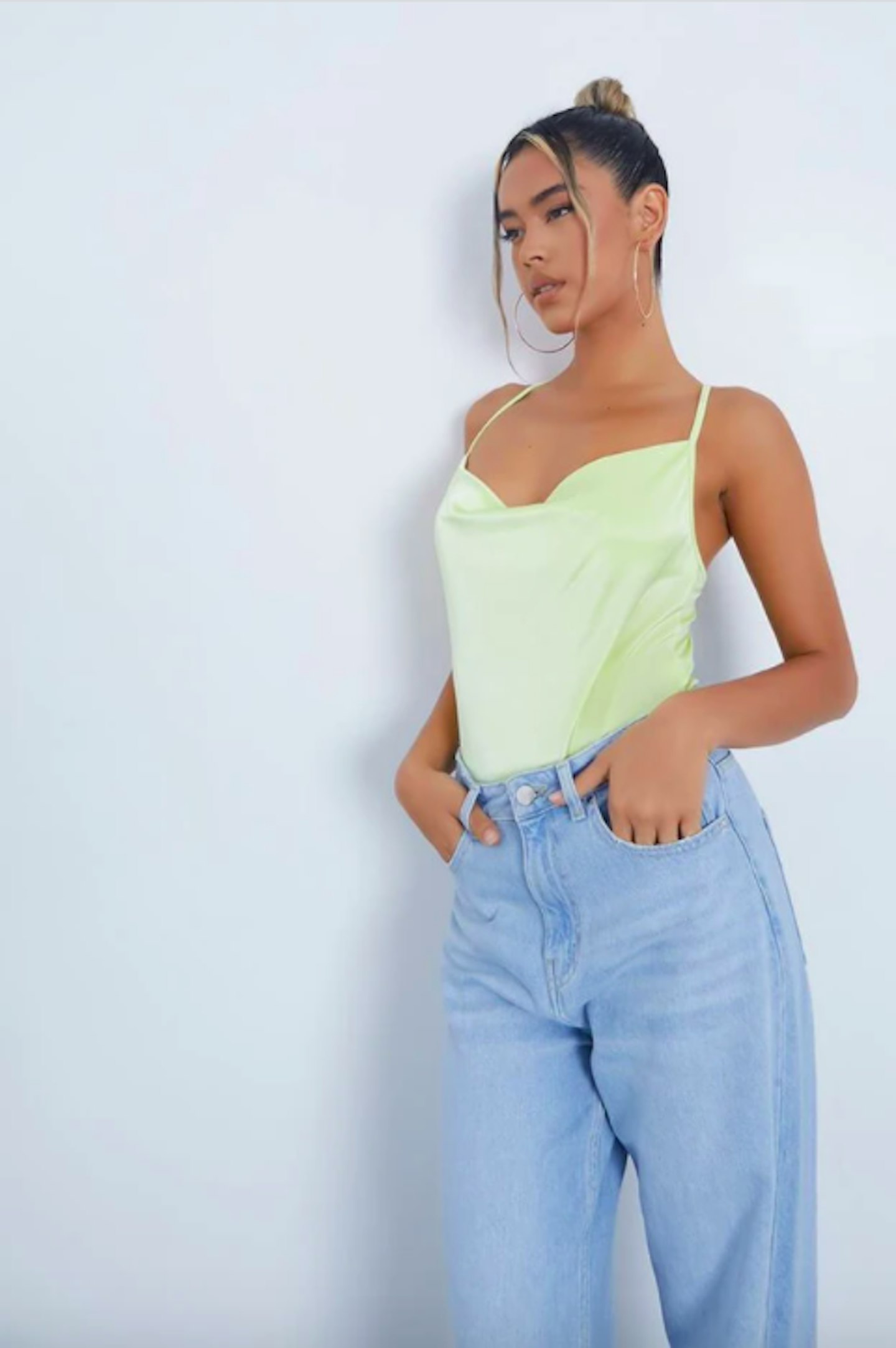 Lime Green Satin Slinky Cowl Neck Bodysuit