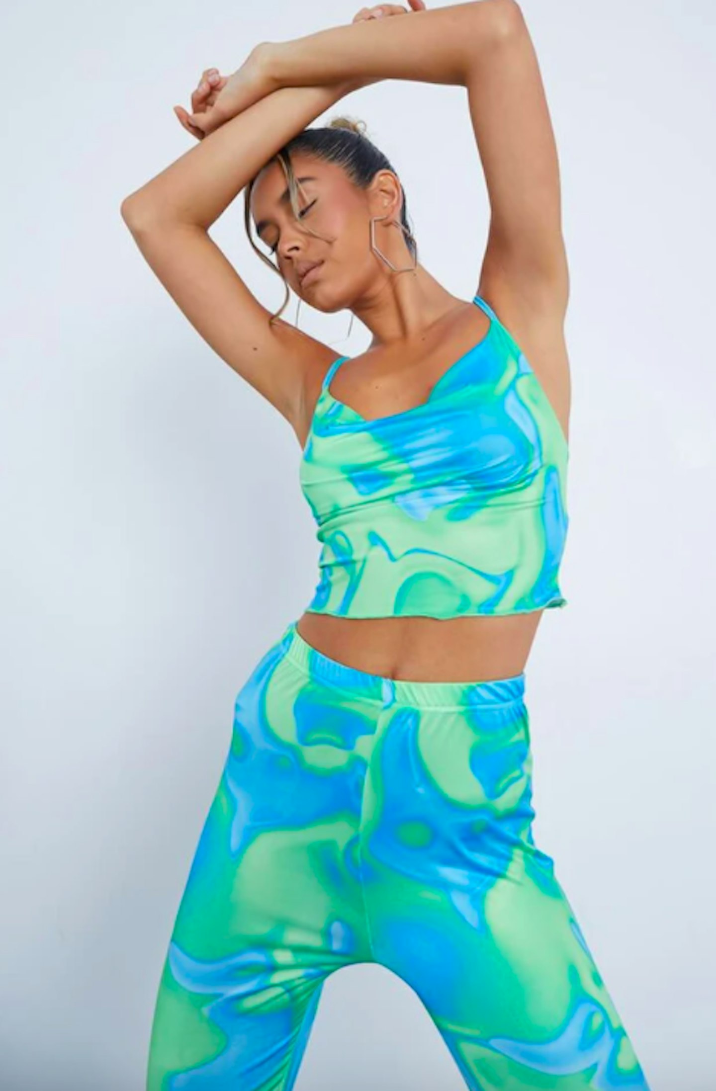 Blue Tie Dye Marble Print Cowl Neck Slinky Crop Top