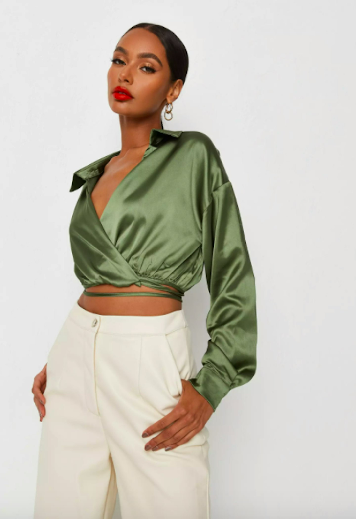 Green Satin Wrap Around Shirt