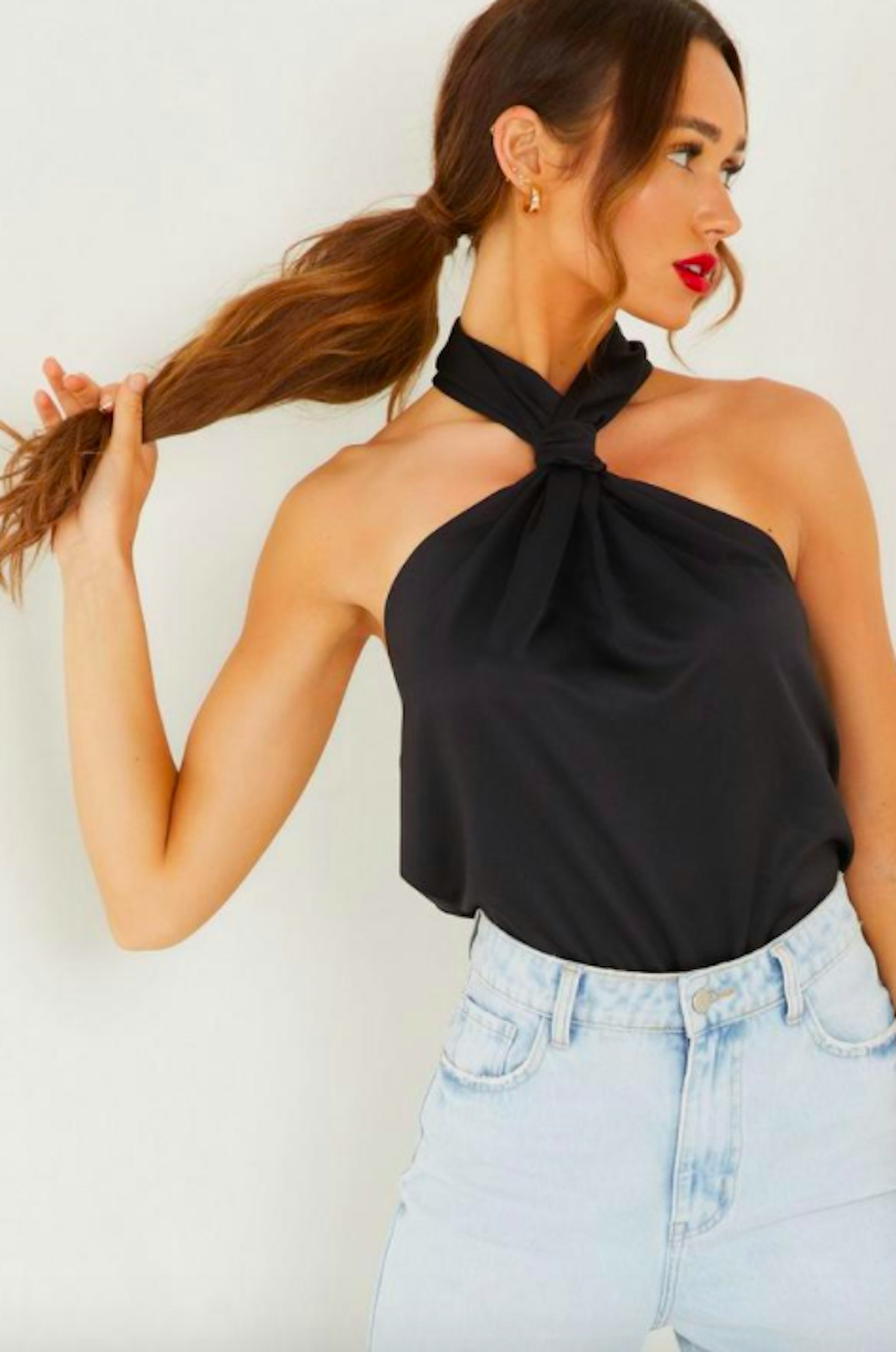 Black Satin Halterneck Top