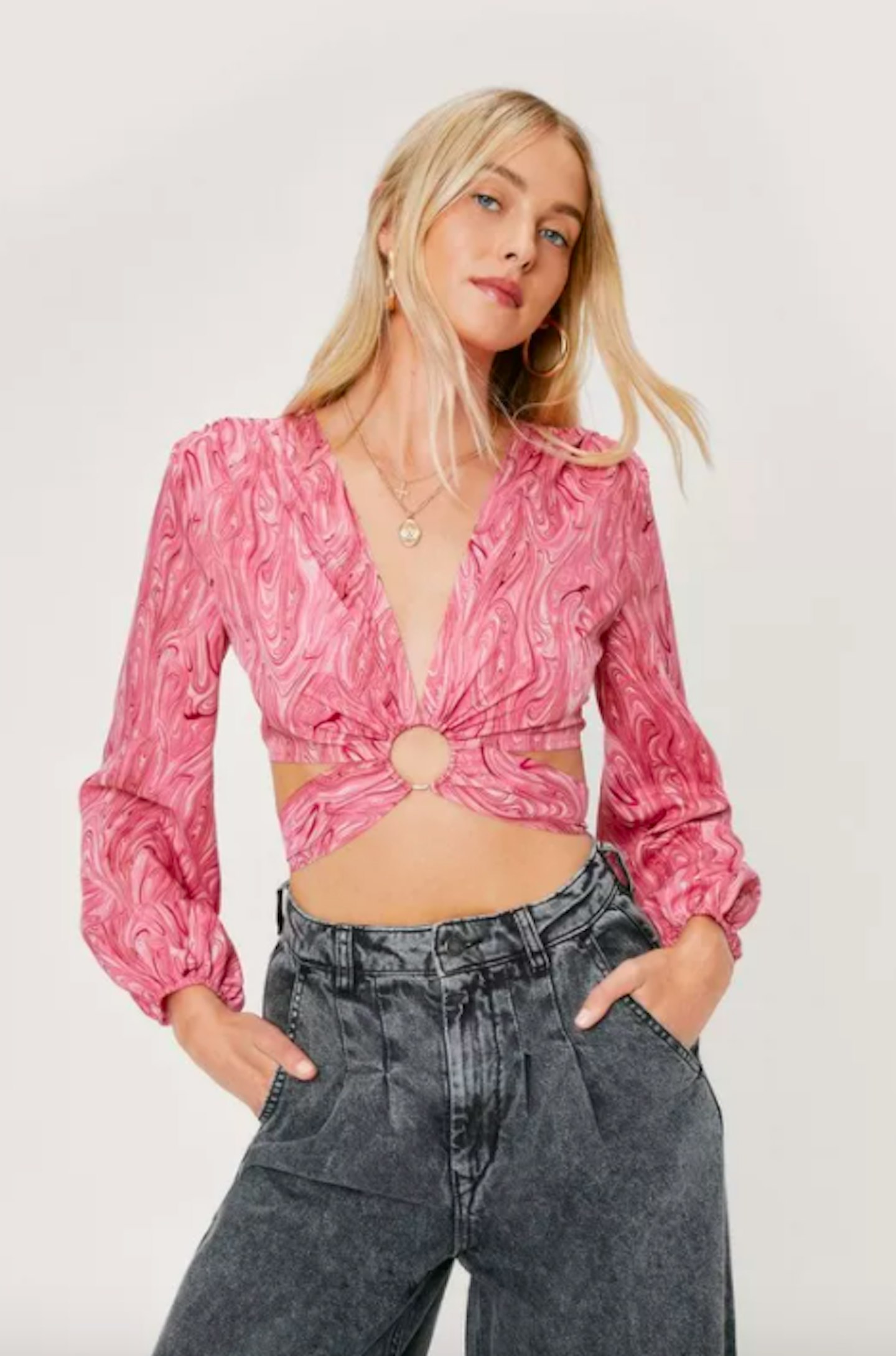 Marble Print O Ring V Neck Blouse