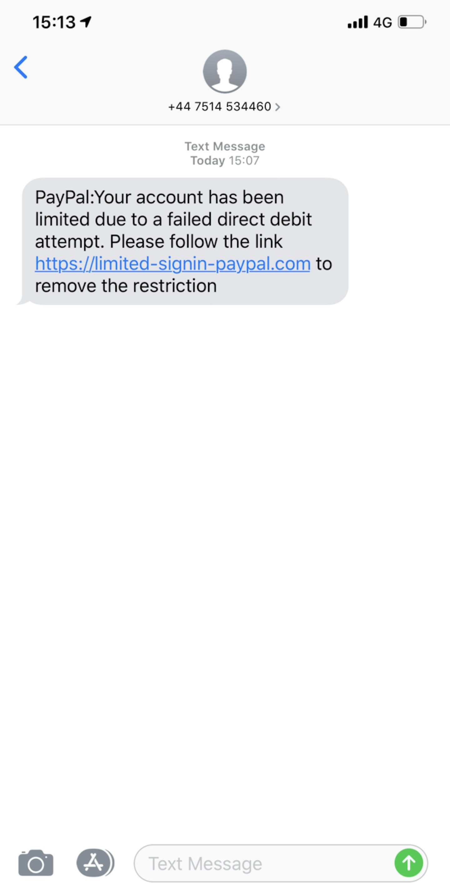 Paypal scam text message