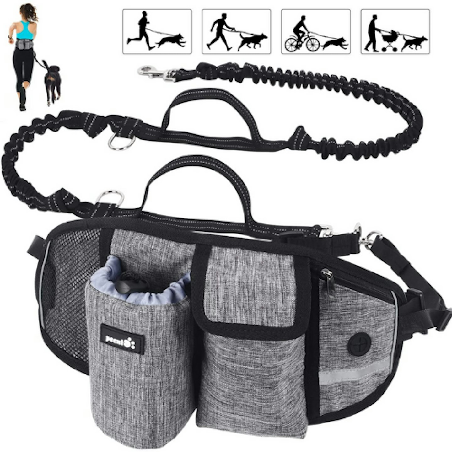 Pecute Hands Free Dog Running Lead with Wide Back Support Waist Bag