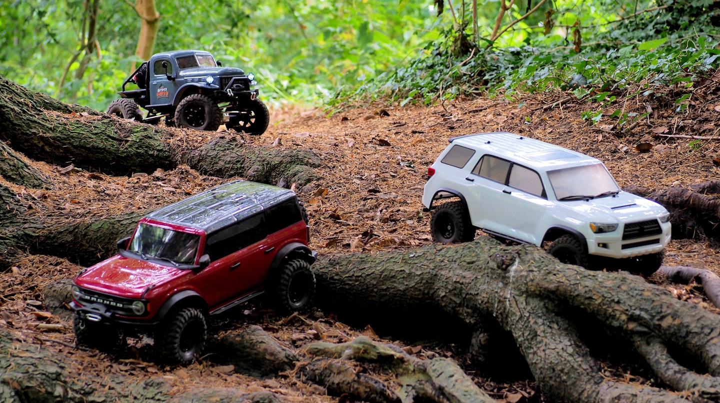 Traxxas Bronco, Element Enduro, and FTX Outbck Texan among tree roots