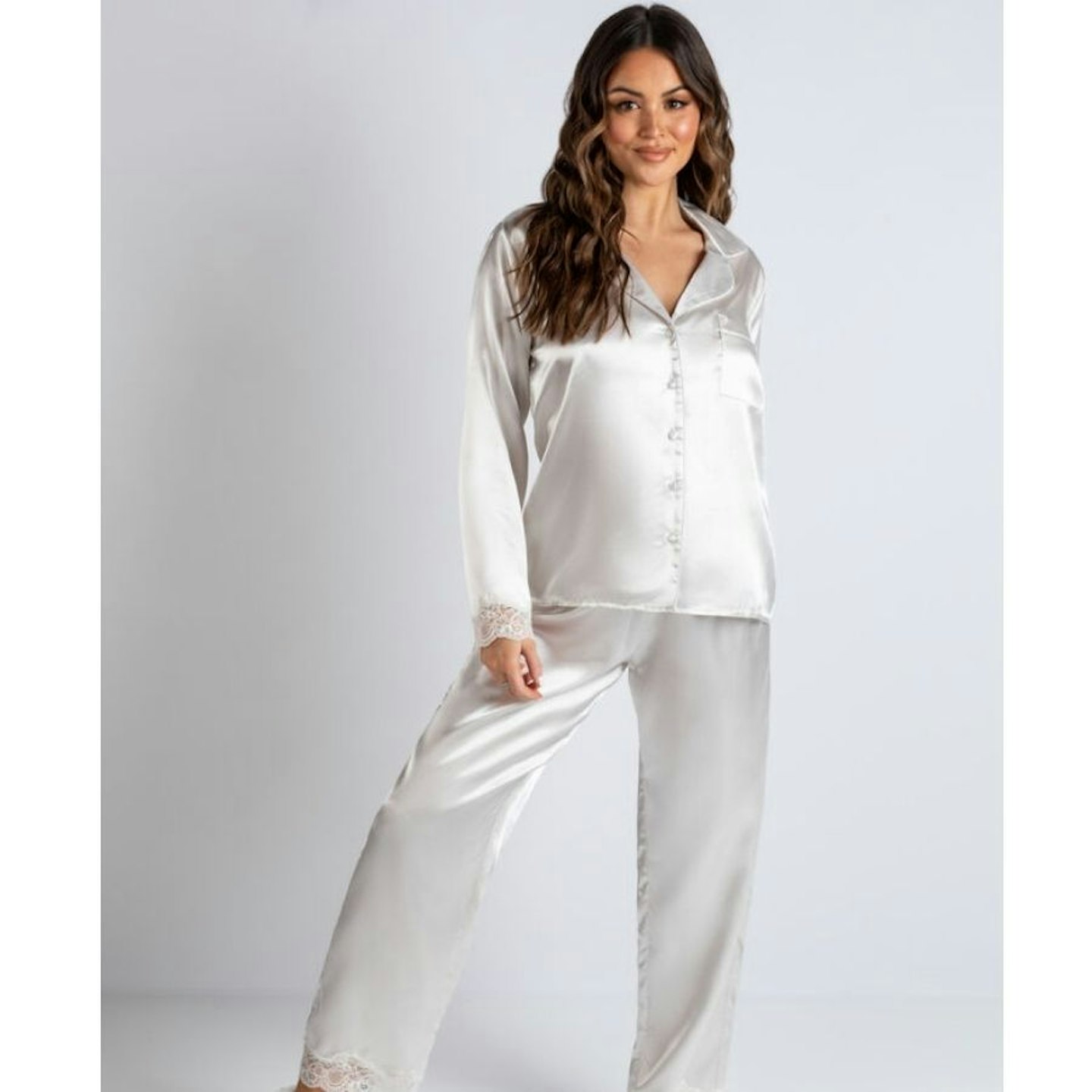 Marnie satin and lace revere and pant set - Ivory