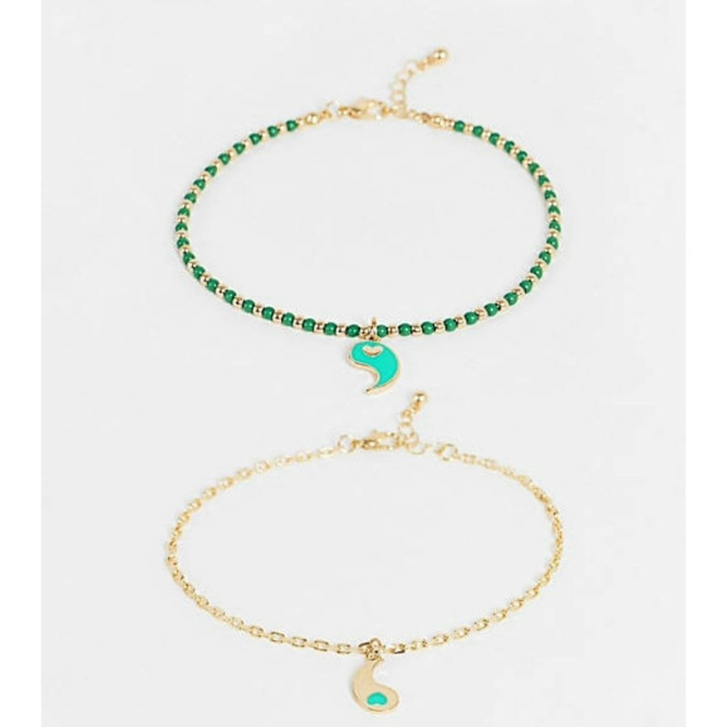 Reclaimed Vintage inspired unisex 90's anklet with yin yang charms in gold and green