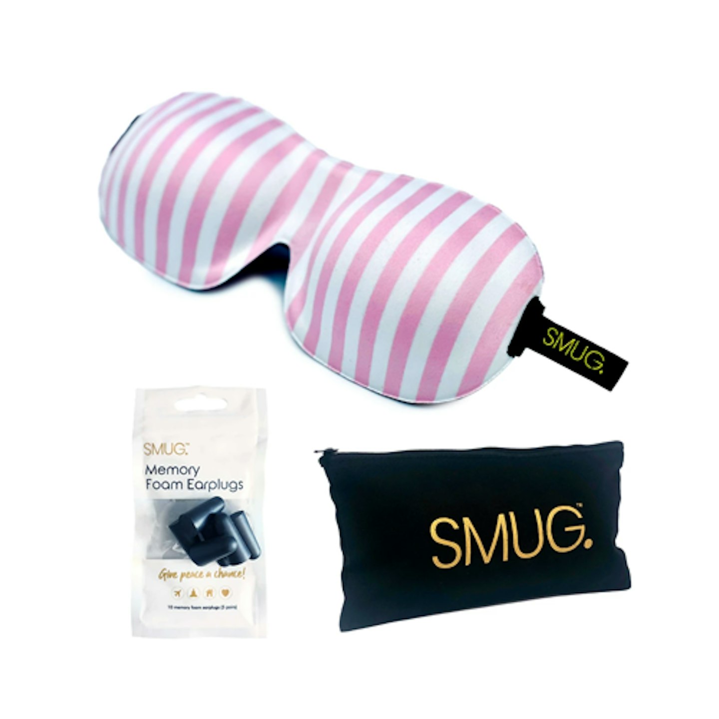 Smug Contoured Sleep Mask, Black Earplugs & Storage Bag Sets