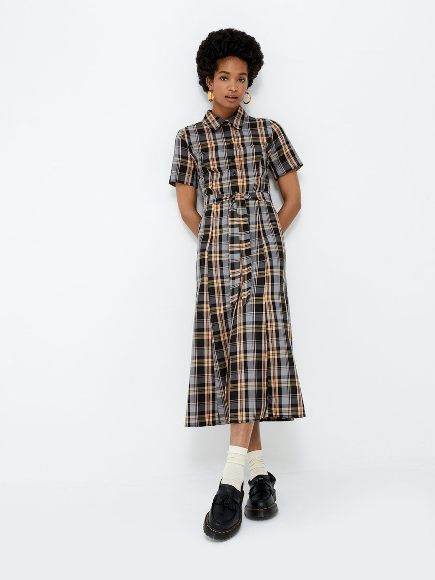 OMNES, Leonie Midi Shirt Dress in Black Orange Check, £69