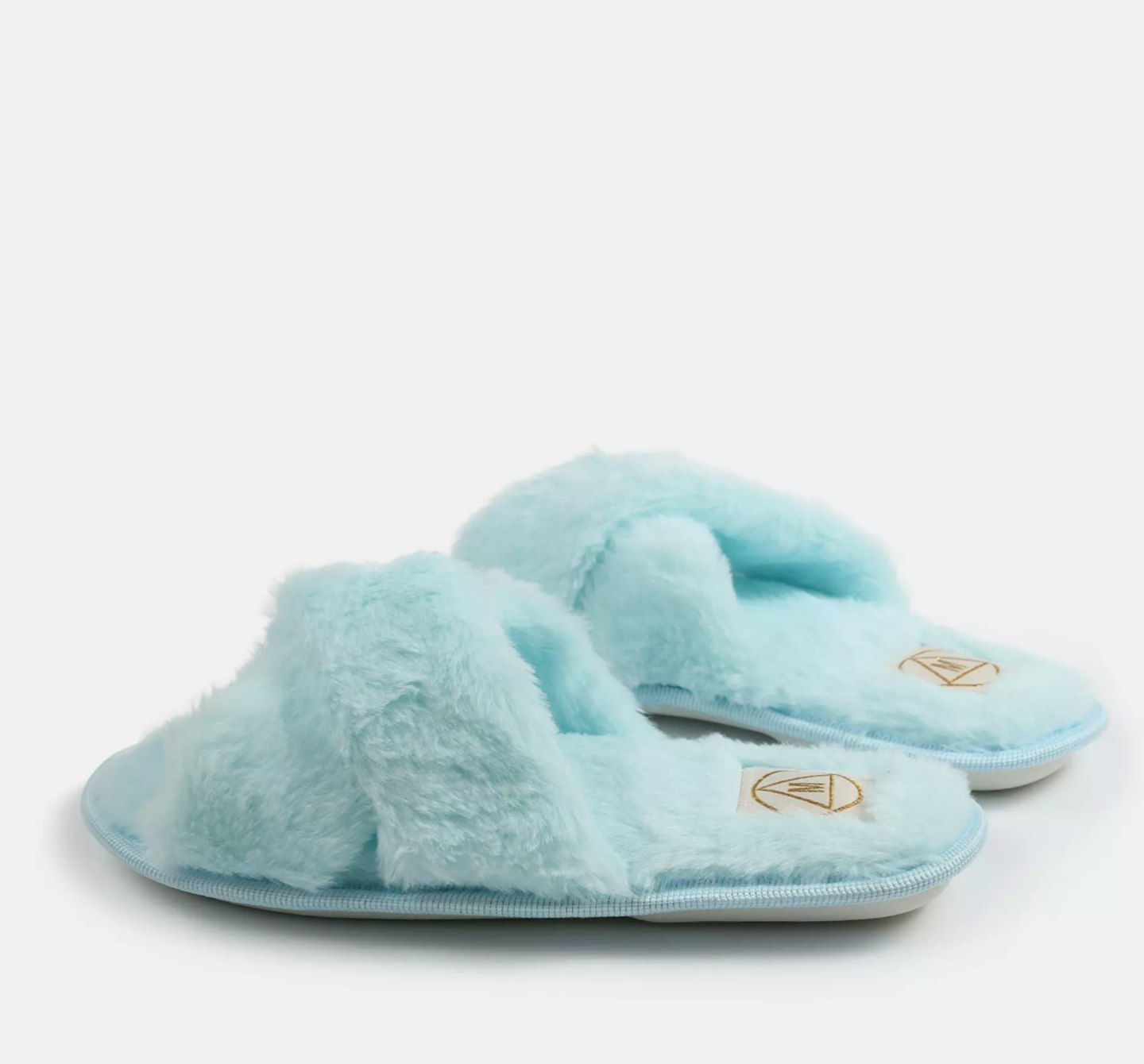 blue faux fur cross over slider slippers