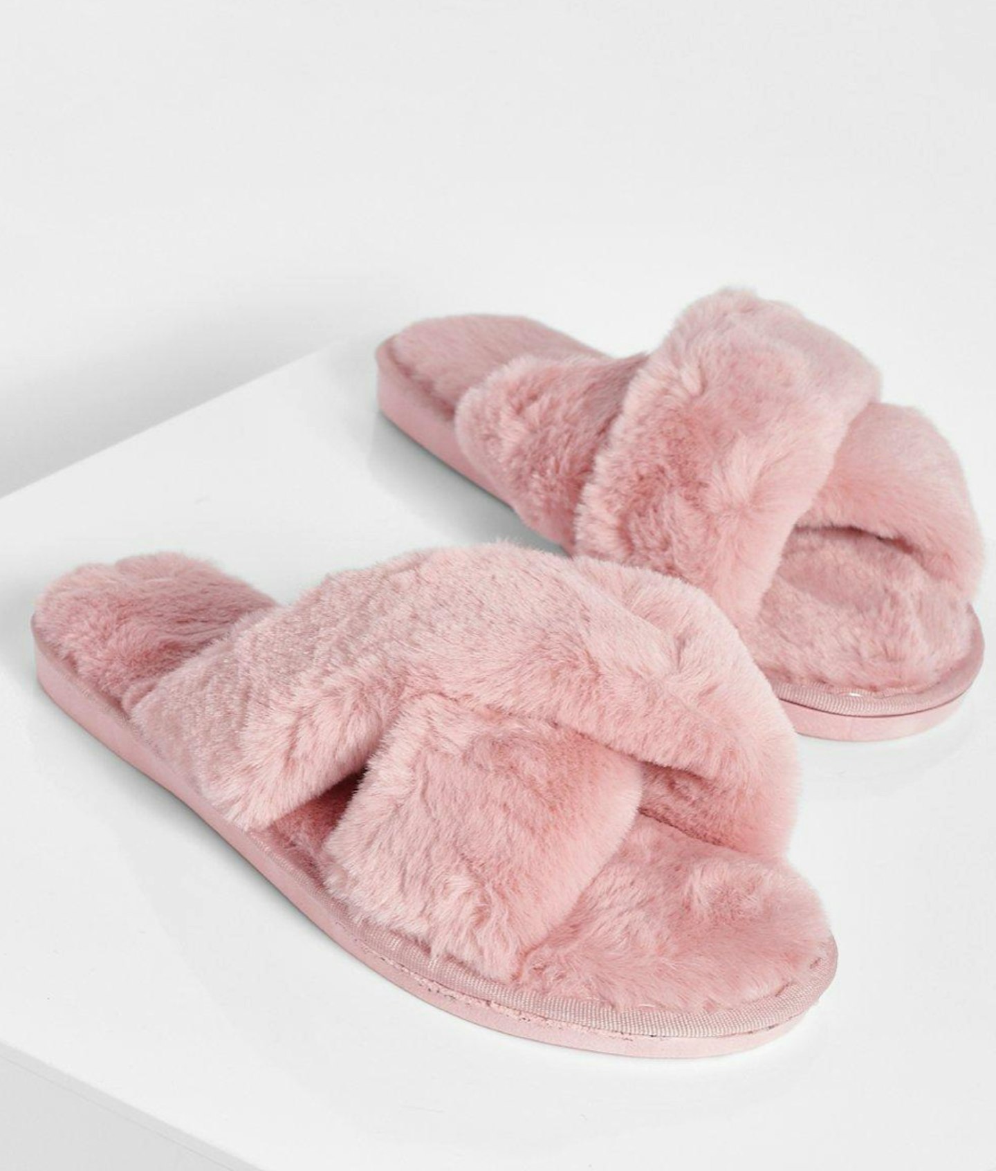 Fluffy Cross Front Slippers in Pink