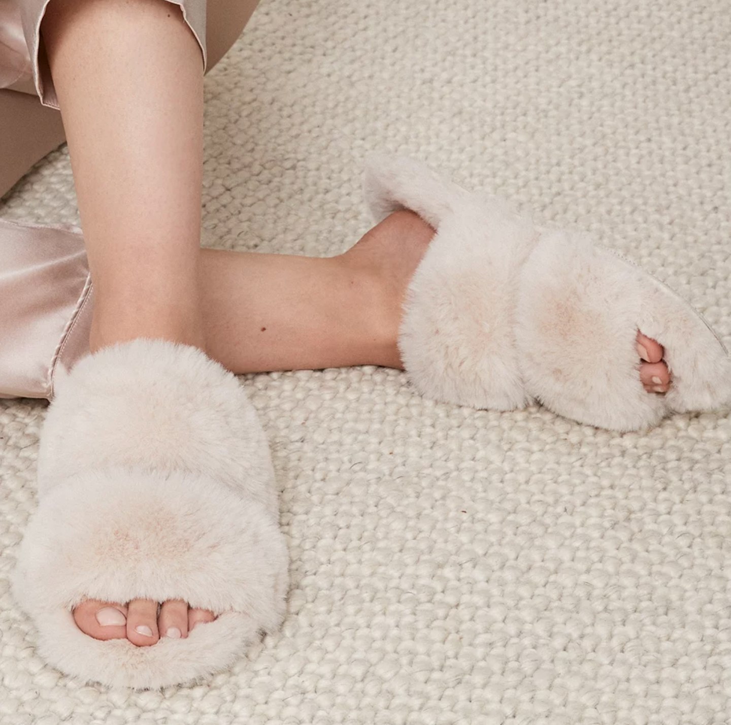 Faux-Fur Strap Slider Slippers in Camel