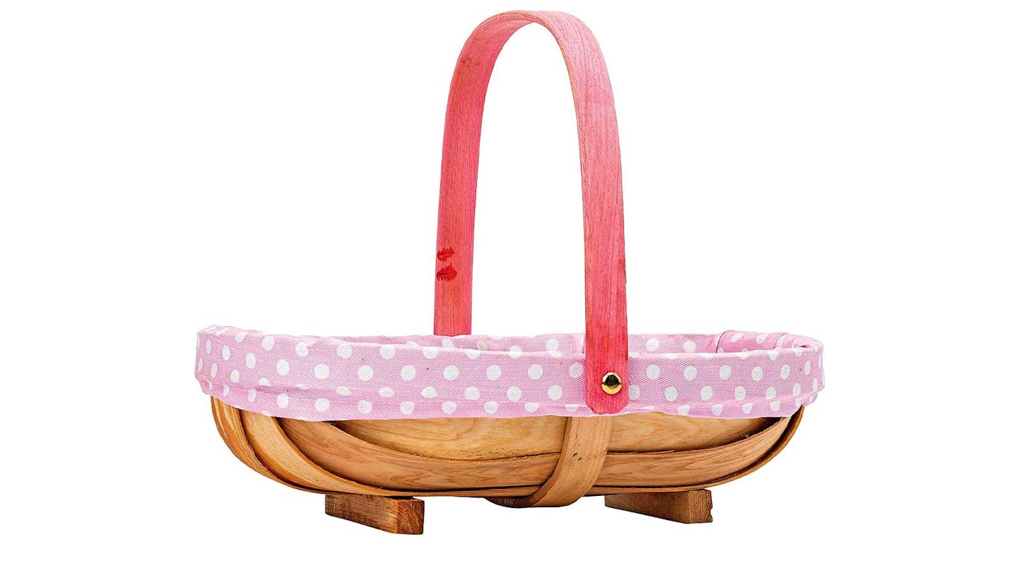 wooden garden trug with lining with pink and white spots